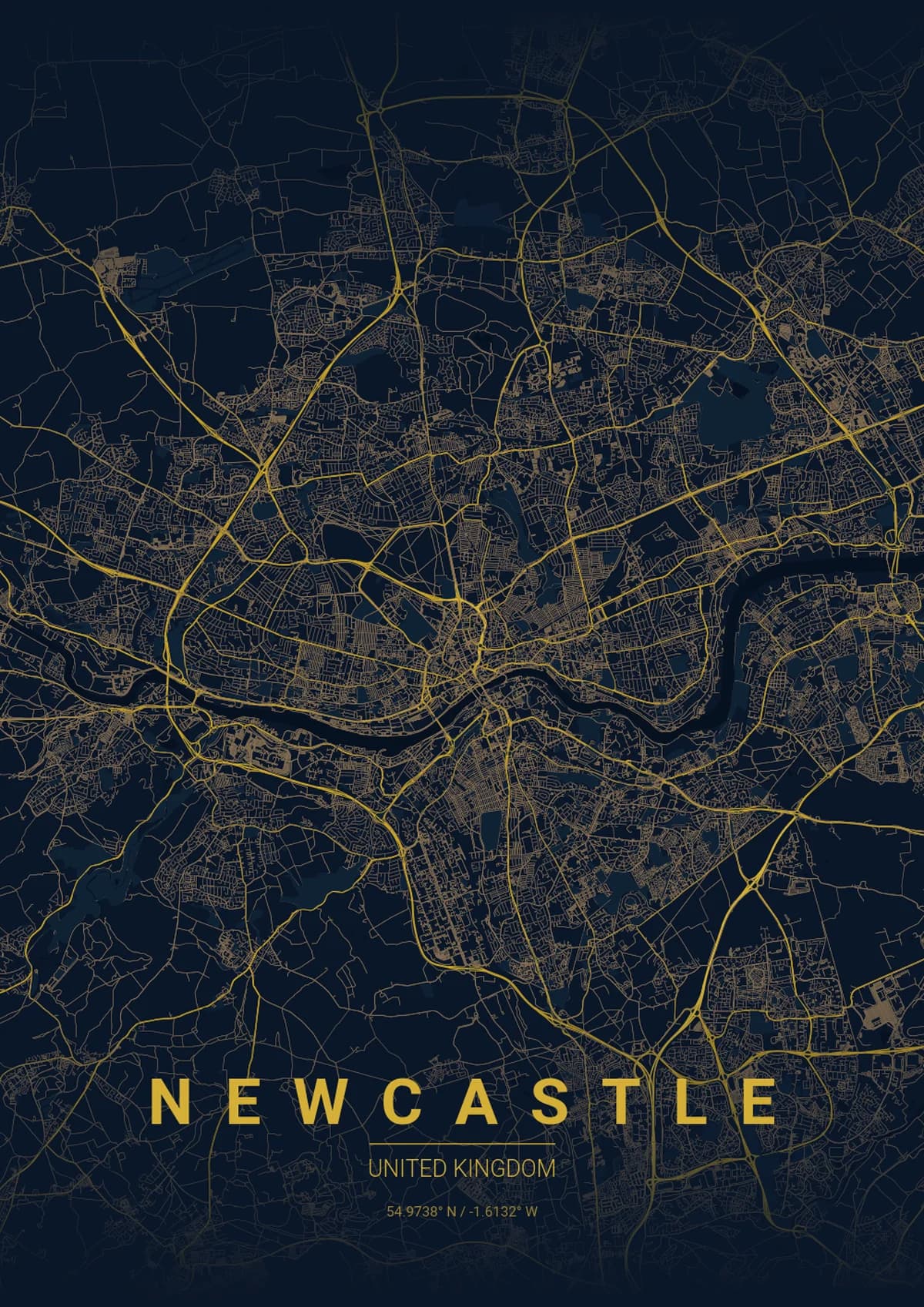 Newcastle Map Poster - Midnight Blue Style | City Prints Newcastle Map Poster - Midnight Blue Style