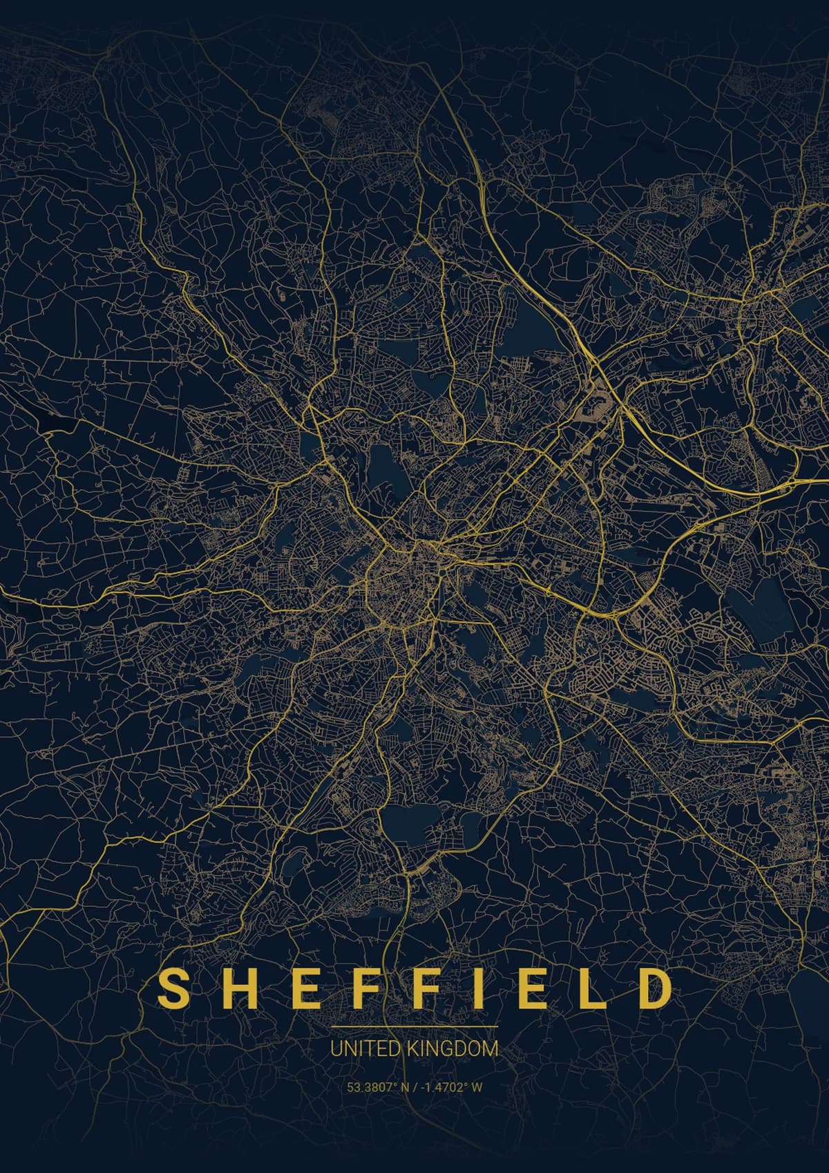 Sheffield Map Poster - Midnight Blue Style | City Prints Sheffield Map Poster - Midnight Blue Style