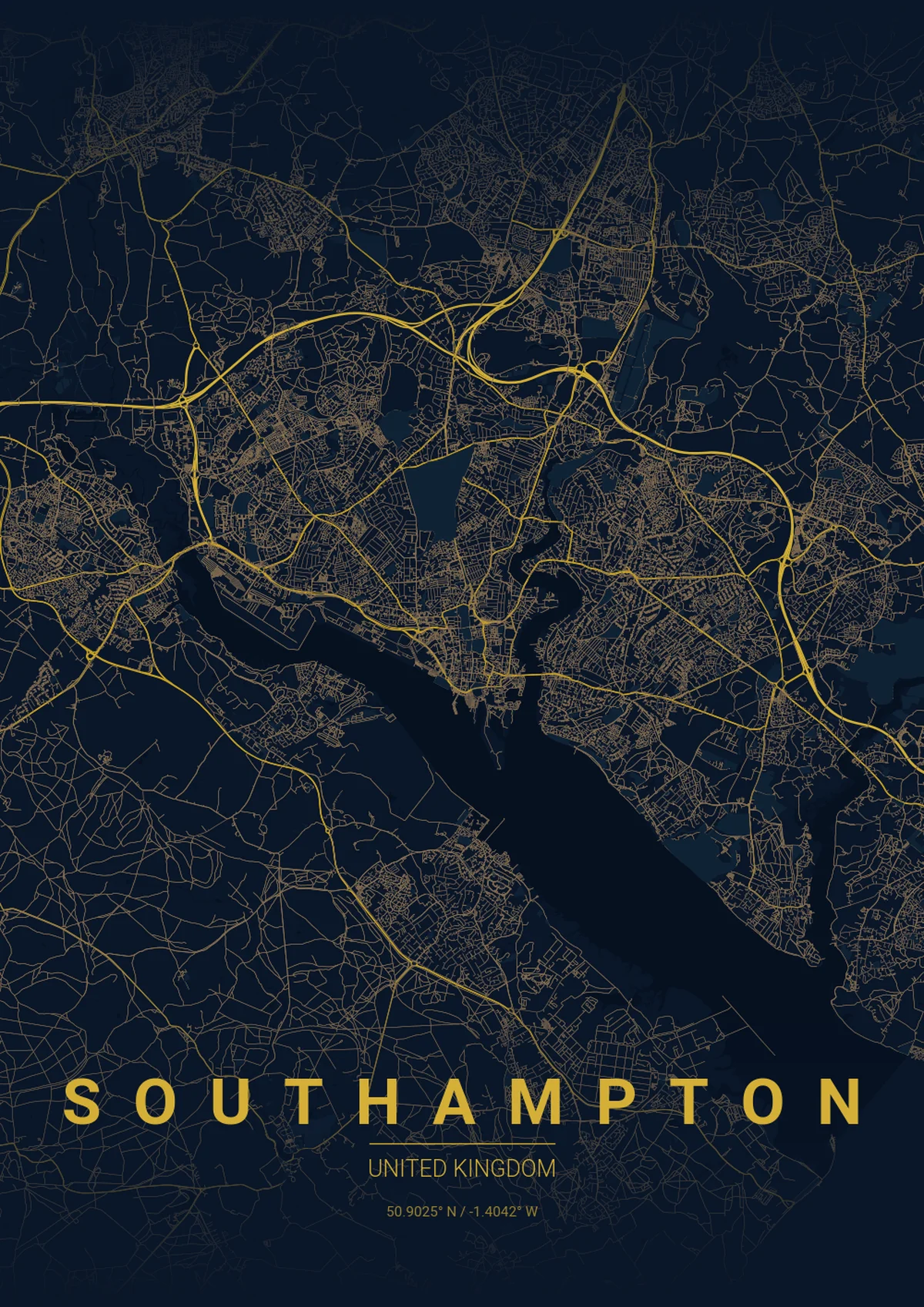 Southampton Map Poster - Midnight Blue Style | City Prints Southampton Map Poster - Midnight Blue Style
