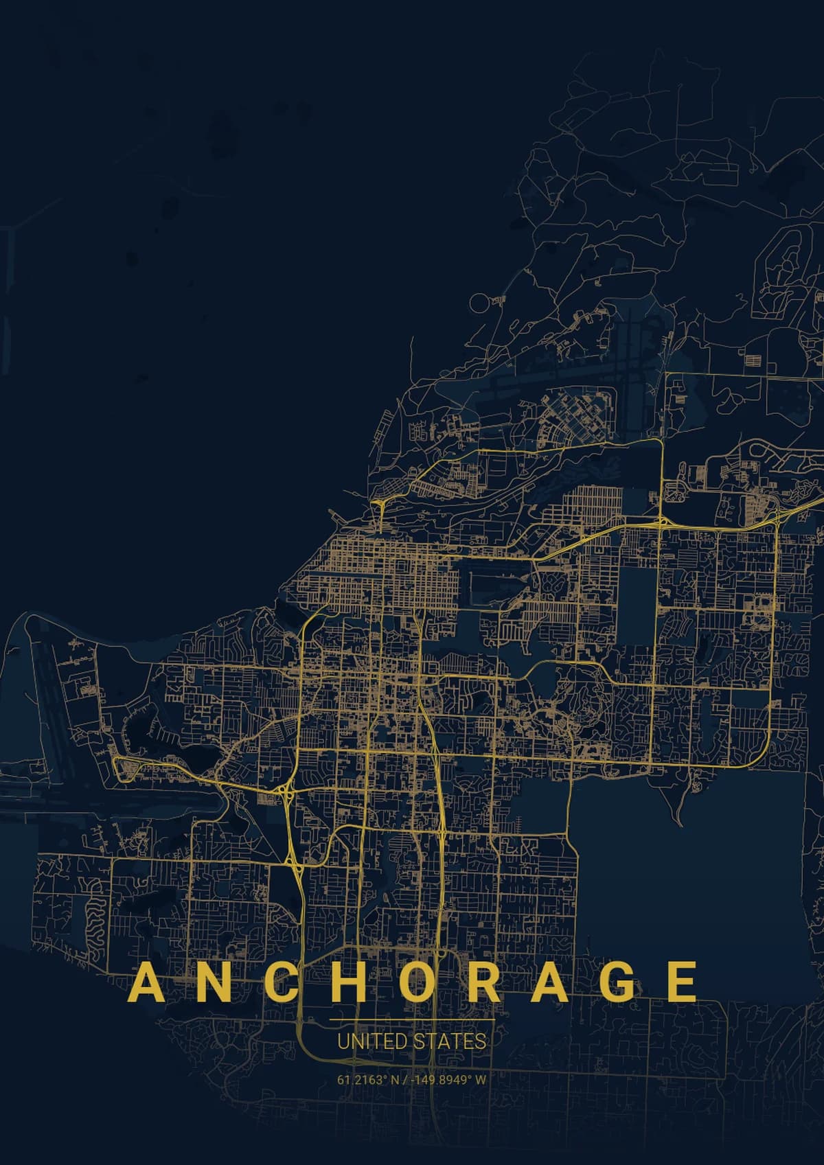 Anchorage Map Poster - Midnight Blue Style | City Prints Anchorage Map Poster - Midnight Blue Style