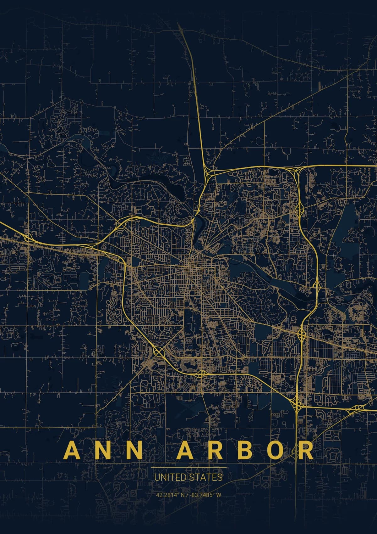 Ann Arbor Map Poster - Midnight Blue Style | City Prints Ann Arbor Map Poster - Midnight Blue Style