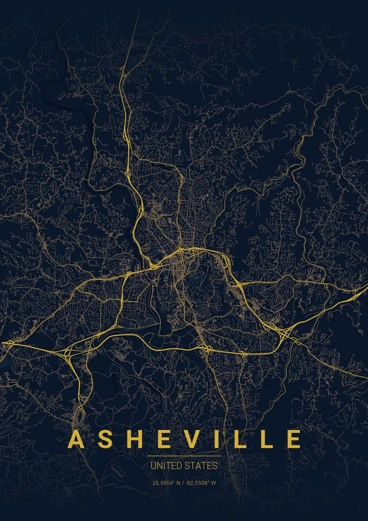 Asheville Map Poster - Midnight Blue Style | City Prints Asheville Map Poster - Midnight Blue Style