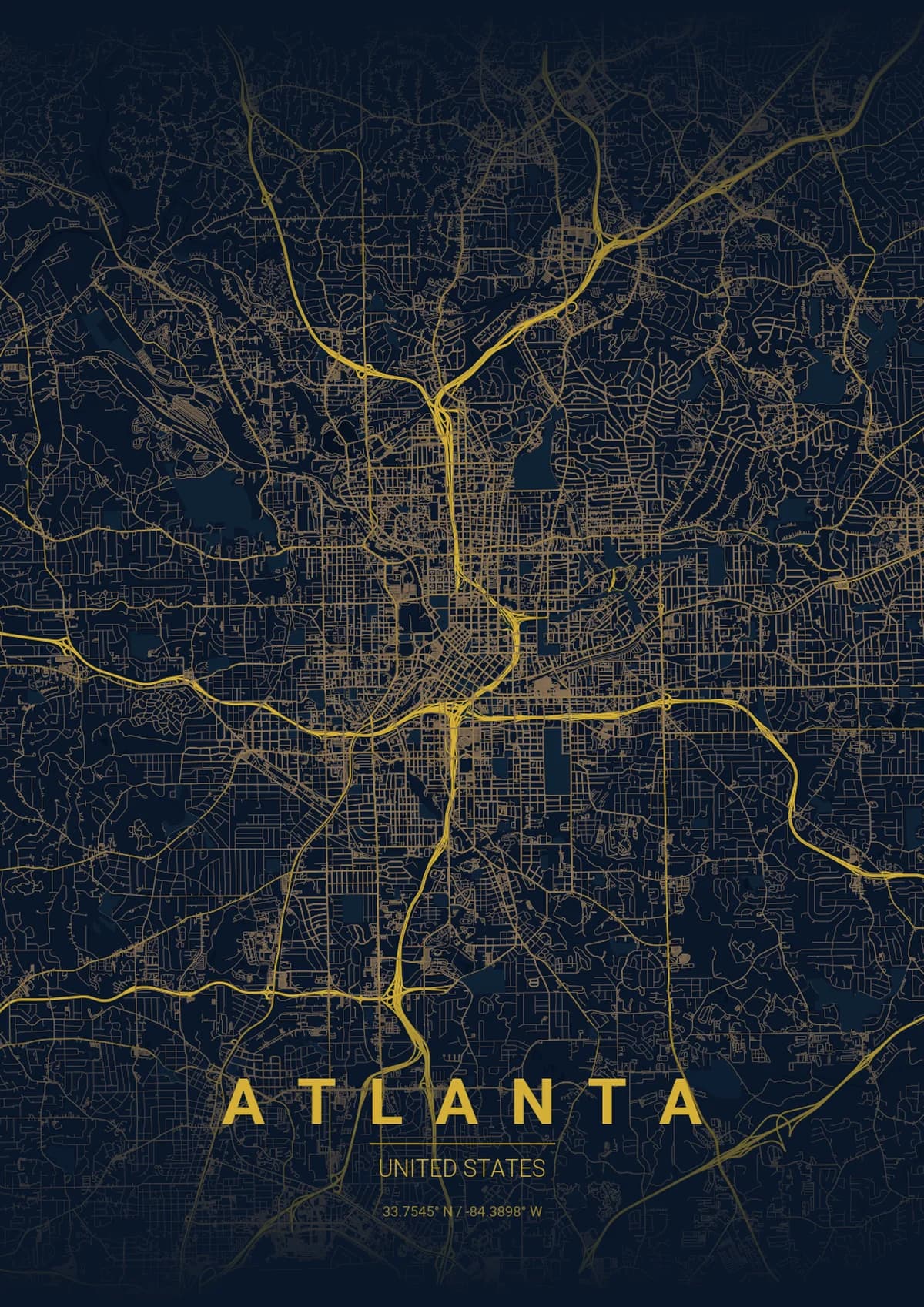 Atlanta Map Poster - Midnight Blue Style | City Prints Atlanta Map Poster - Midnight Blue Style