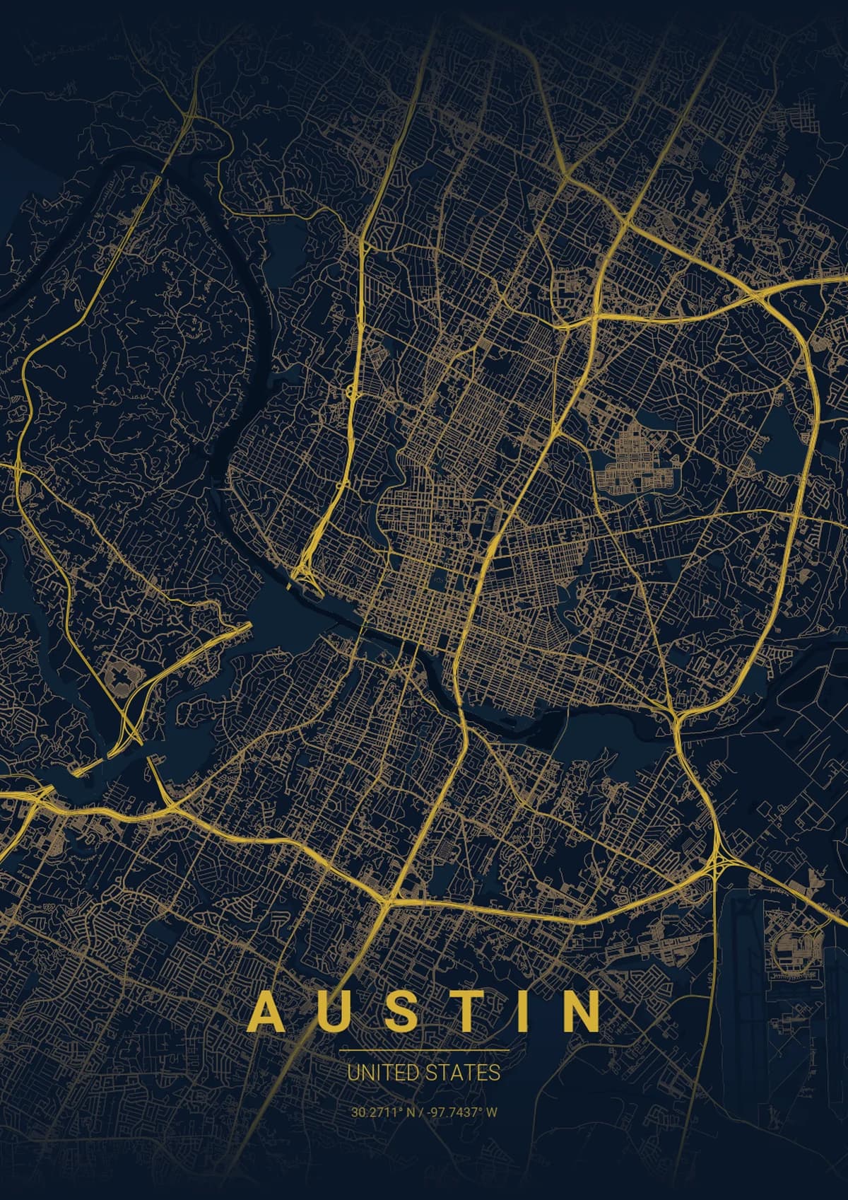 Austin Map Poster - Midnight Blue Style | City Prints Austin Map Poster - Midnight Blue Style