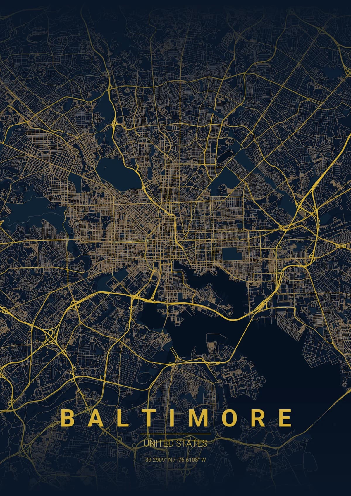Baltimore Map Poster - Midnight Blue Style | City Prints Baltimore Map Poster - Midnight Blue Style
