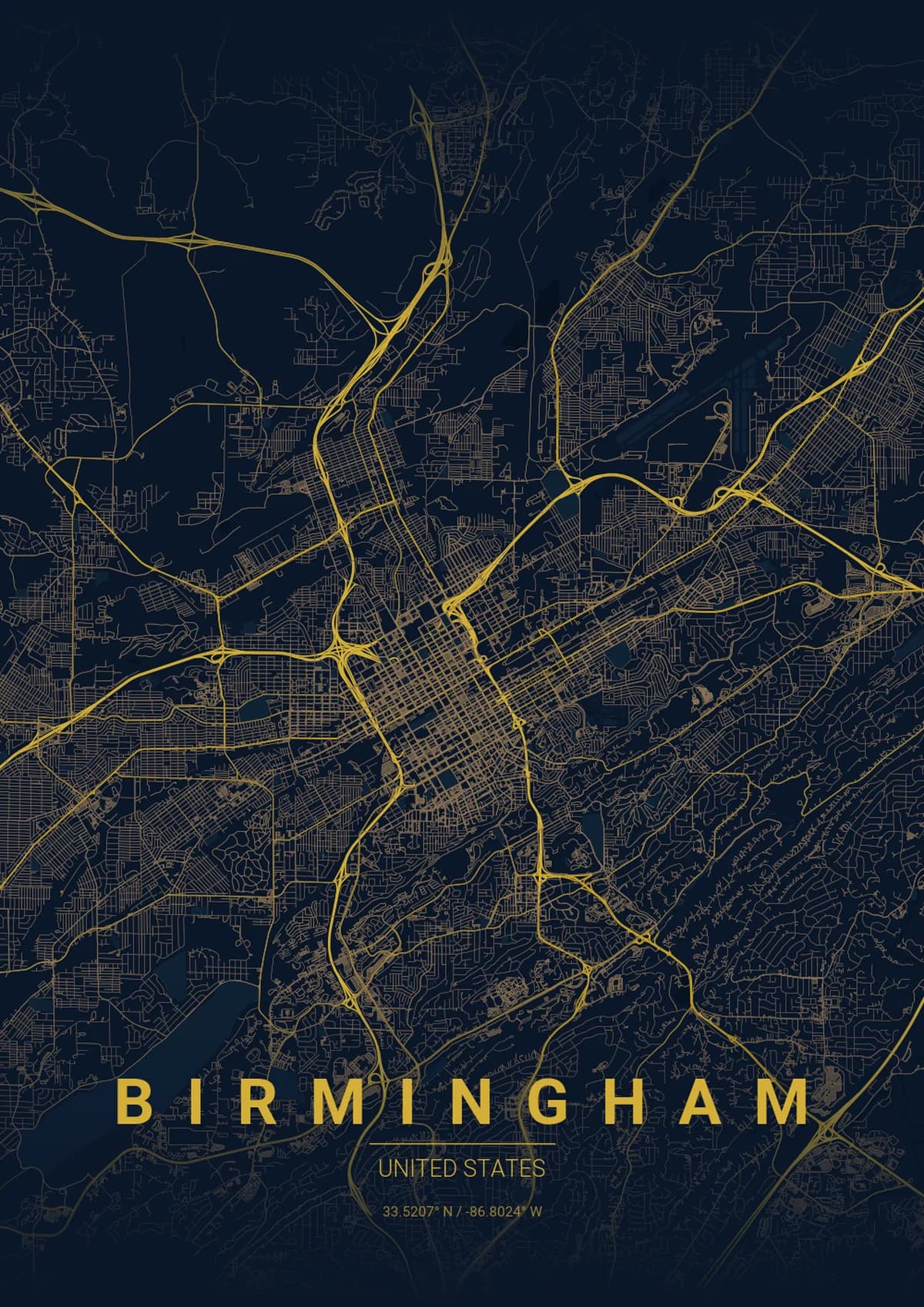 Birmingham Map Poster - Midnight Blue Style | City Prints Birmingham Map Poster - Midnight Blue Style
