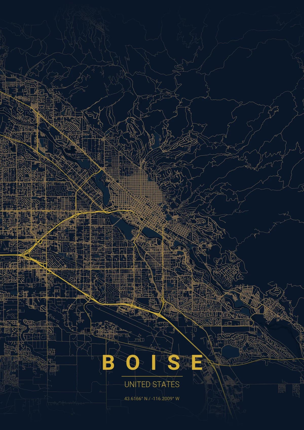 Boise Map Poster - Midnight Blue Style | City Prints Boise Map Poster - Midnight Blue Style