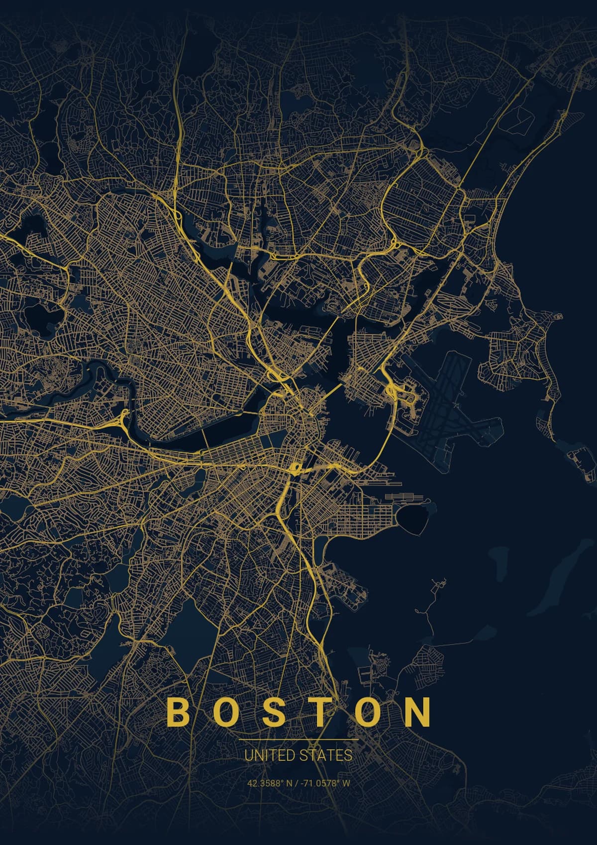 Boston Map Poster - Midnight Blue Style | City Prints Boston Map Poster - Midnight Blue Style