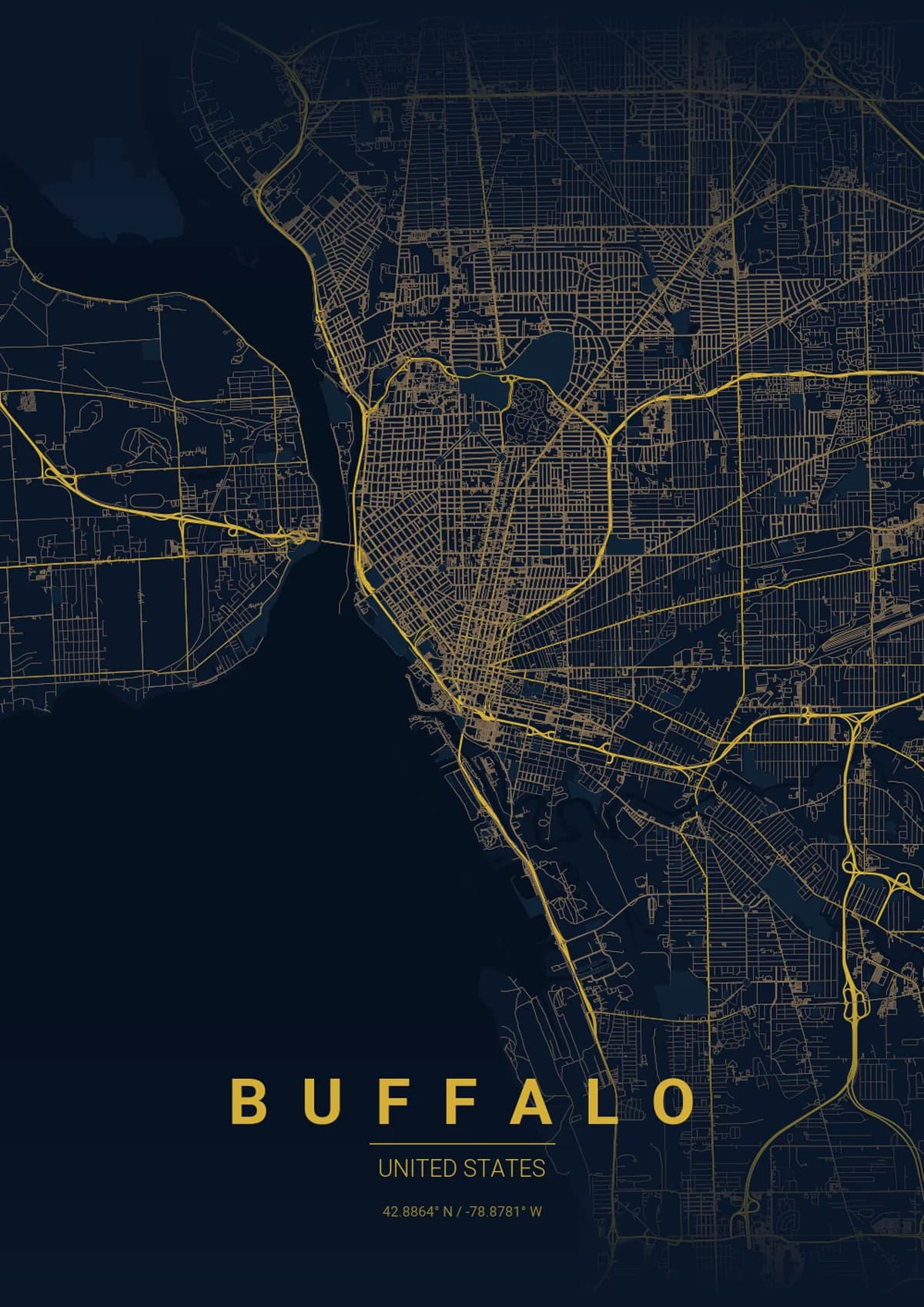 Buffalo Map Poster - Midnight Blue Style | City Prints Buffalo Map Poster - Midnight Blue Style