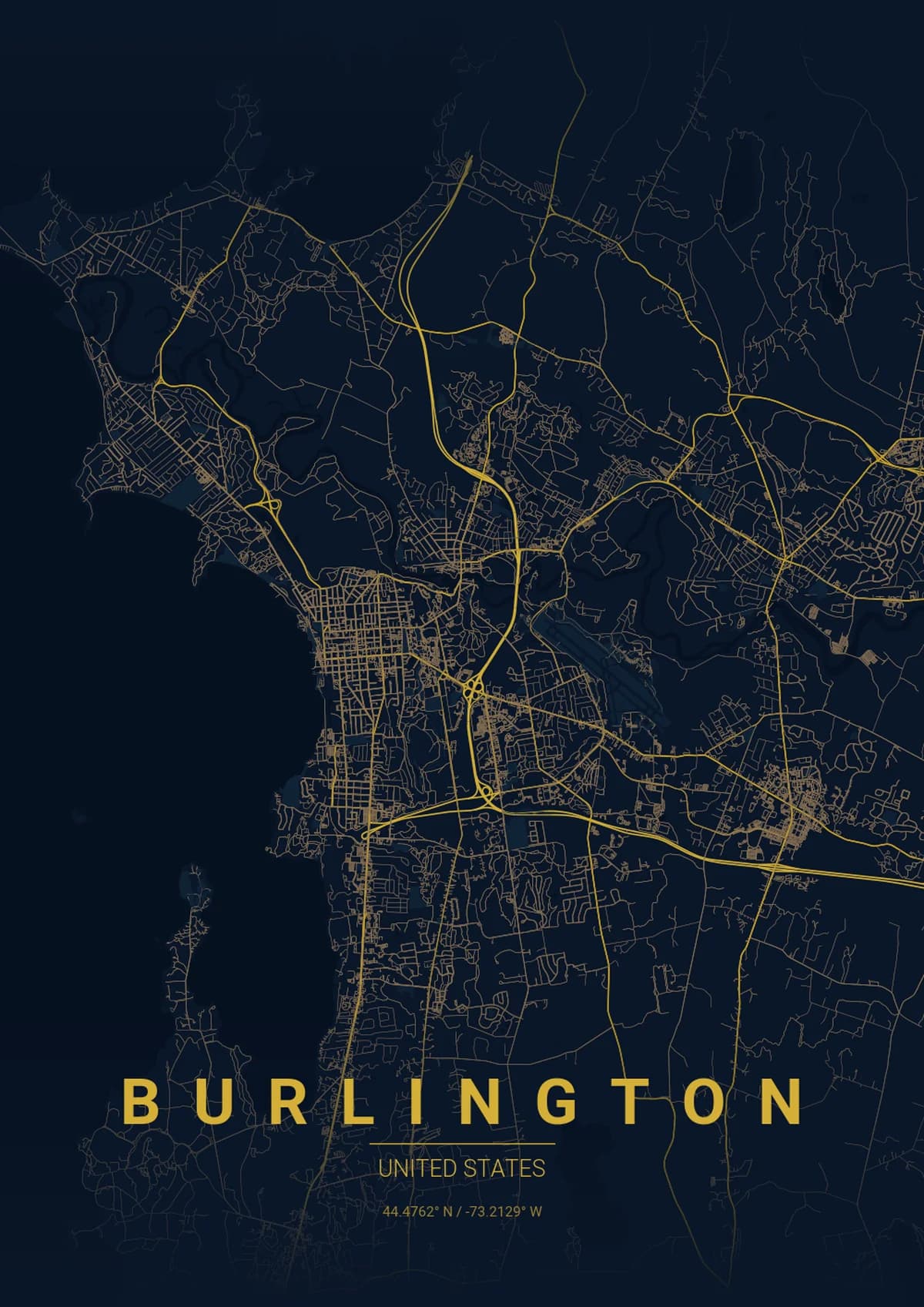 Burlington Map Poster - Midnight Blue Style | City Prints Burlington Map Poster - Midnight Blue Style