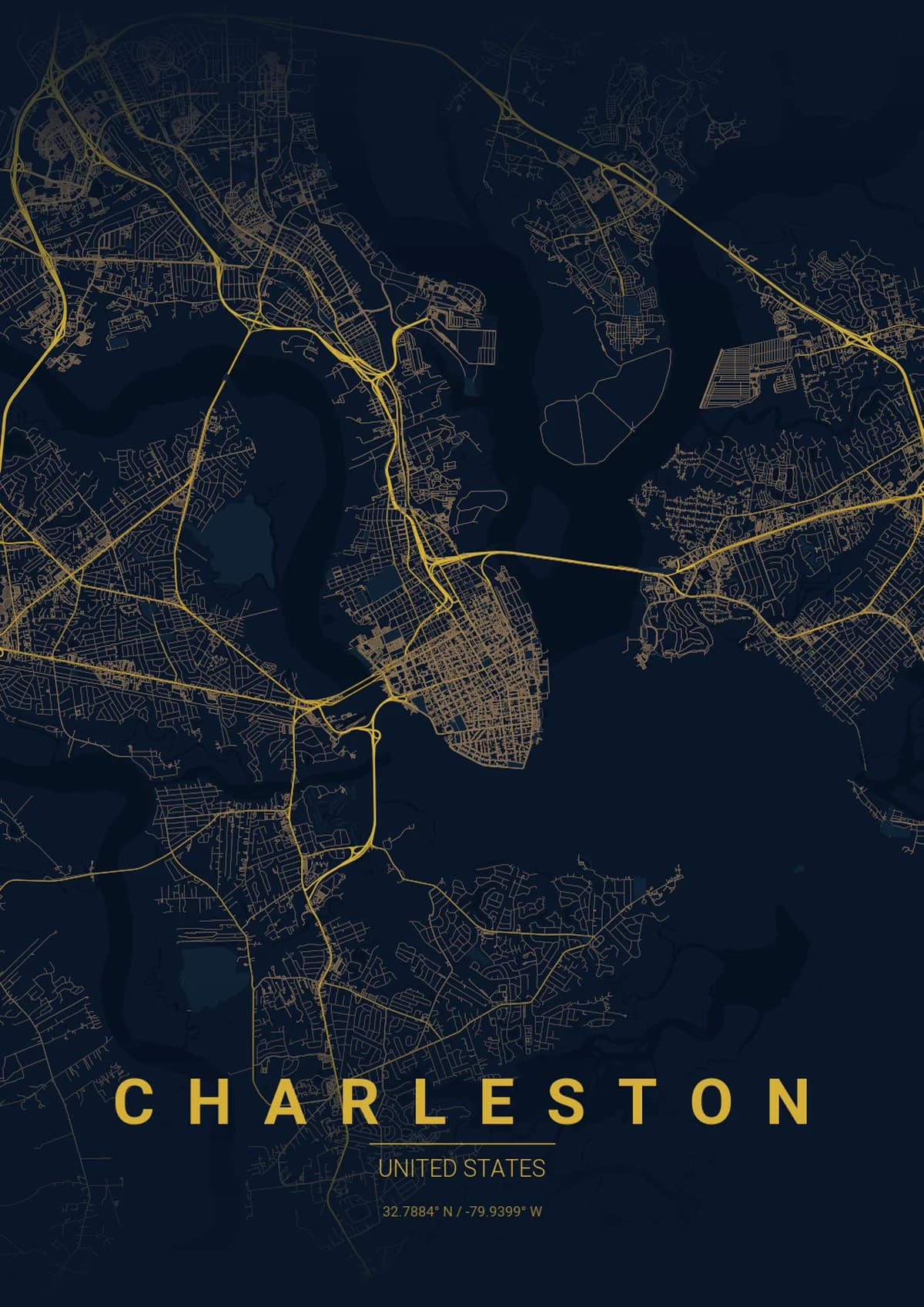 Charleston Map Poster - Midnight Blue Style | City Prints Charleston Map Poster - Midnight Blue Style