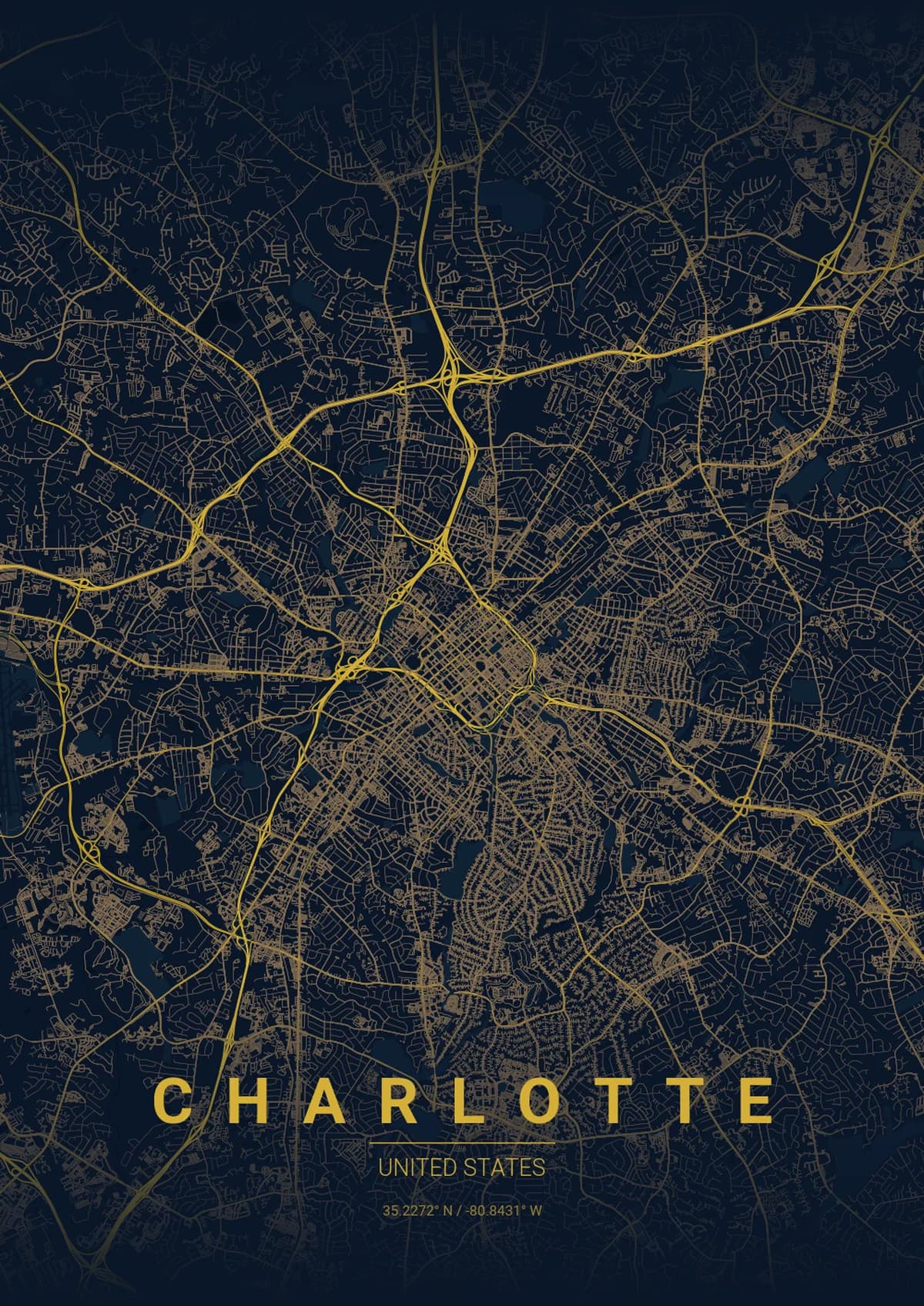 Charlotte Map Poster - Midnight Blue Style | City Prints Charlotte Map Poster - Midnight Blue Style