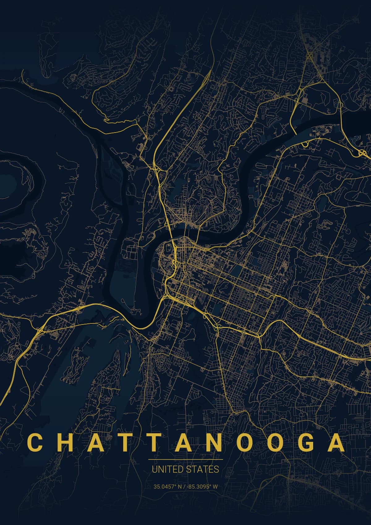 Chattanooga Map Poster - Midnight Blue Style | City Prints Chattanooga Map Poster - Midnight Blue Style