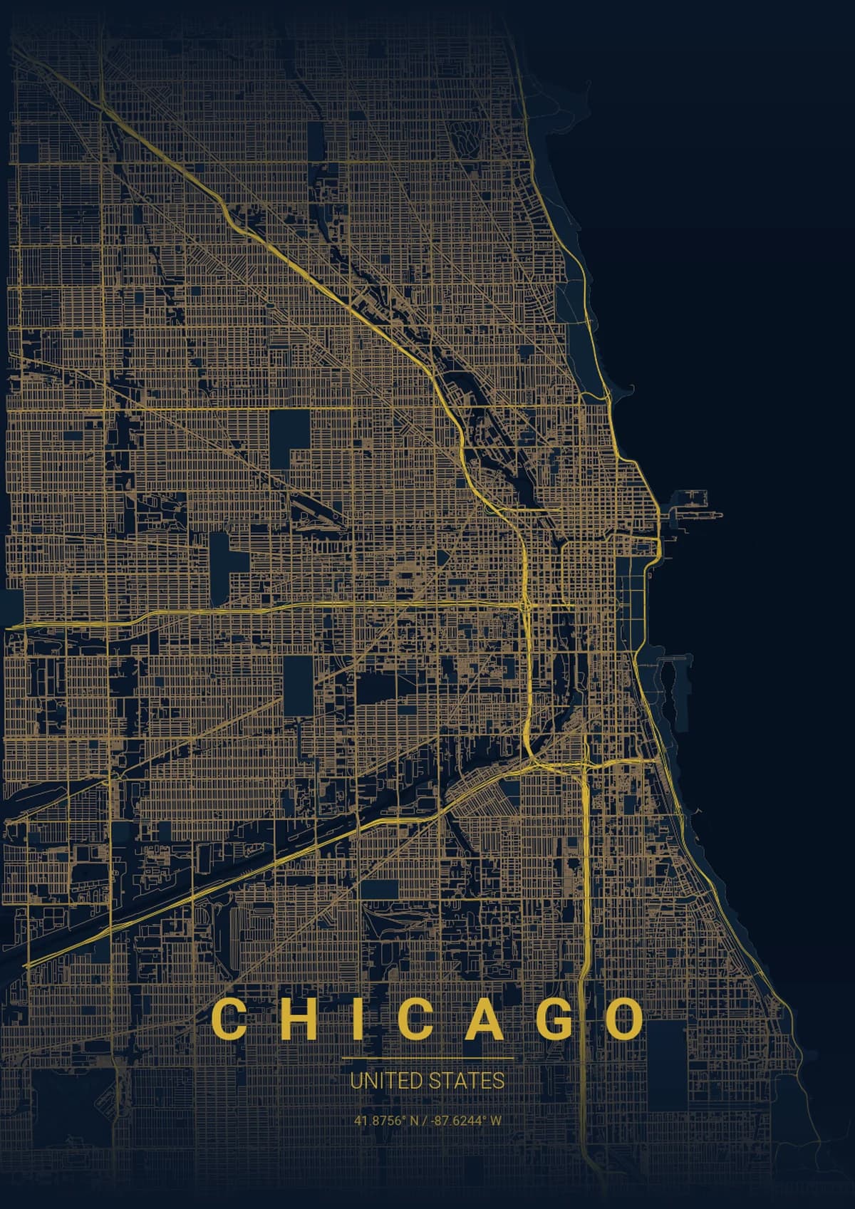 Chicago Map Poster - Midnight Blue Style | City Prints Chicago Map Poster - Midnight Blue Style