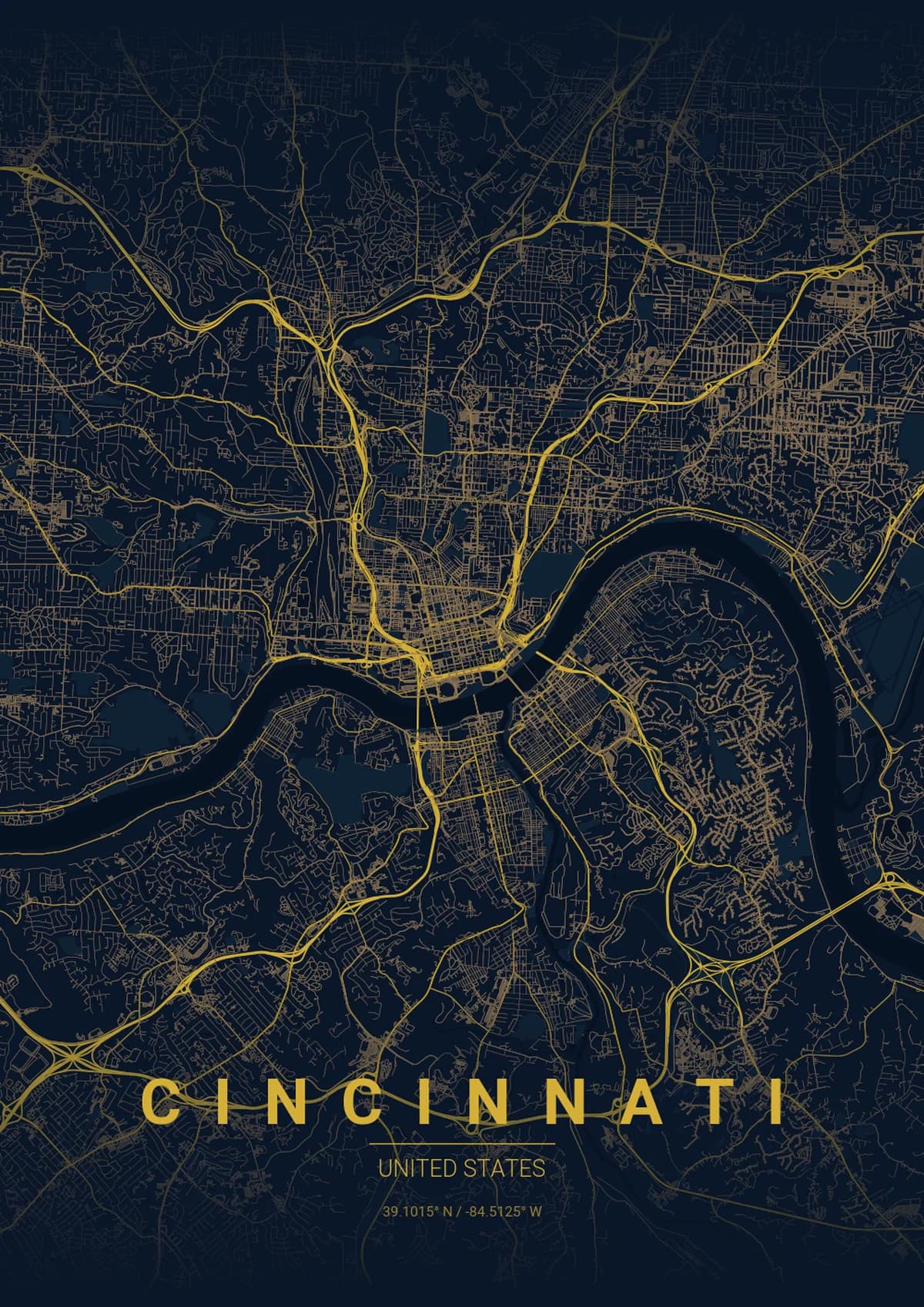 Cincinnati Map Poster - Midnight Blue Style | City Prints Cincinnati Map Poster - Midnight Blue Style