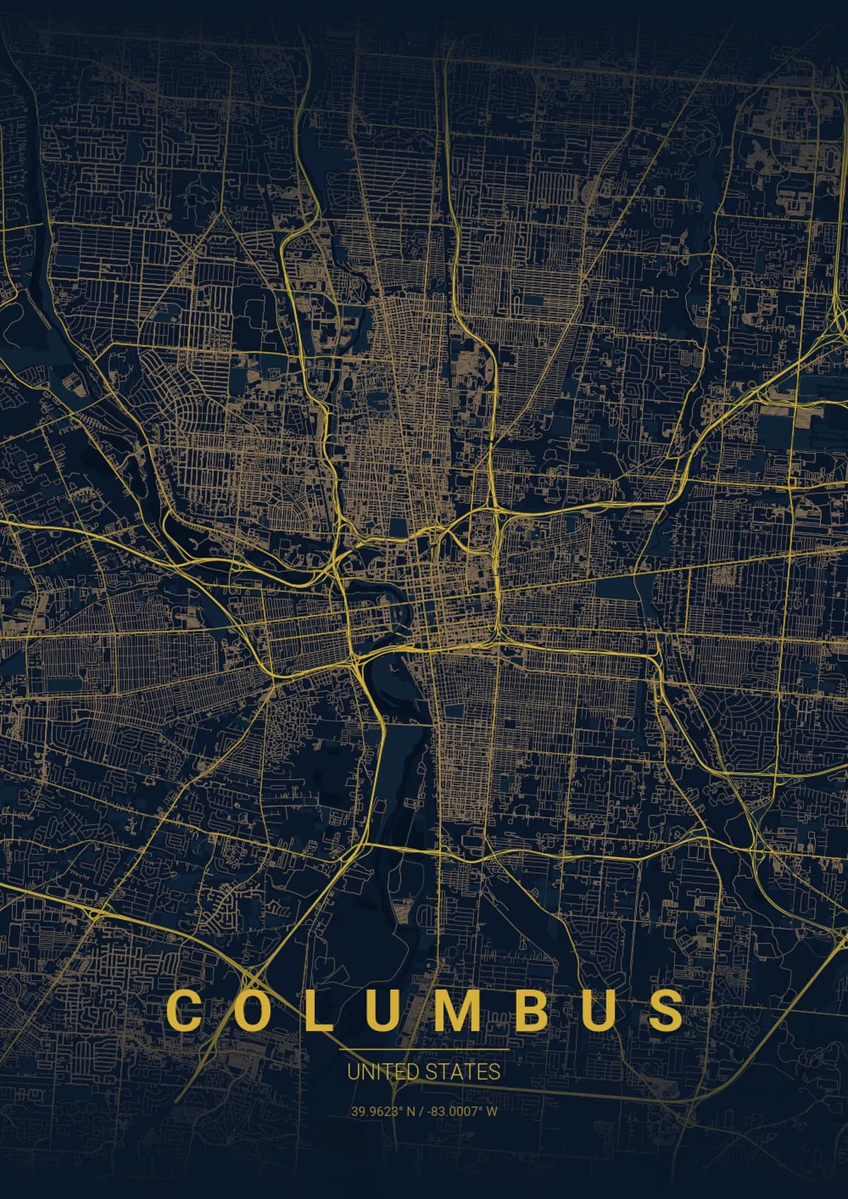 Columbus Map Poster - Midnight Blue Style | City Prints Columbus Map Poster - Midnight Blue Style