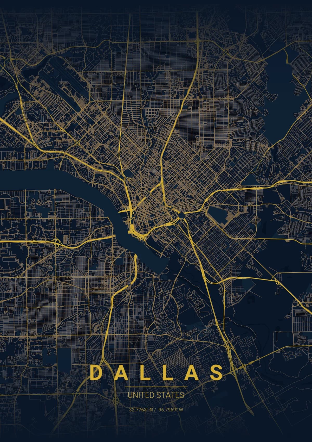 Dallas Map Poster - Midnight Blue Style | City Prints Dallas Map Poster - Midnight Blue Style