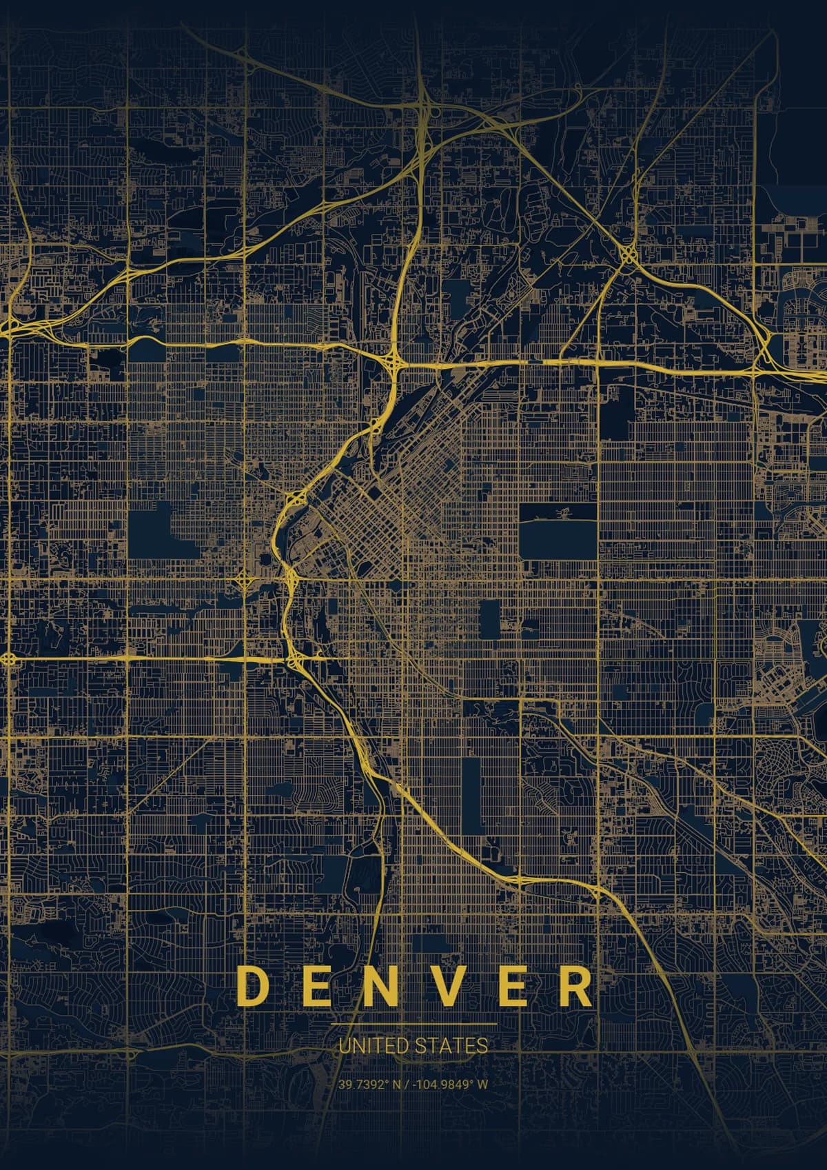 Denver Map Poster - Midnight Blue Style | City Prints Denver Map Poster - Midnight Blue Style