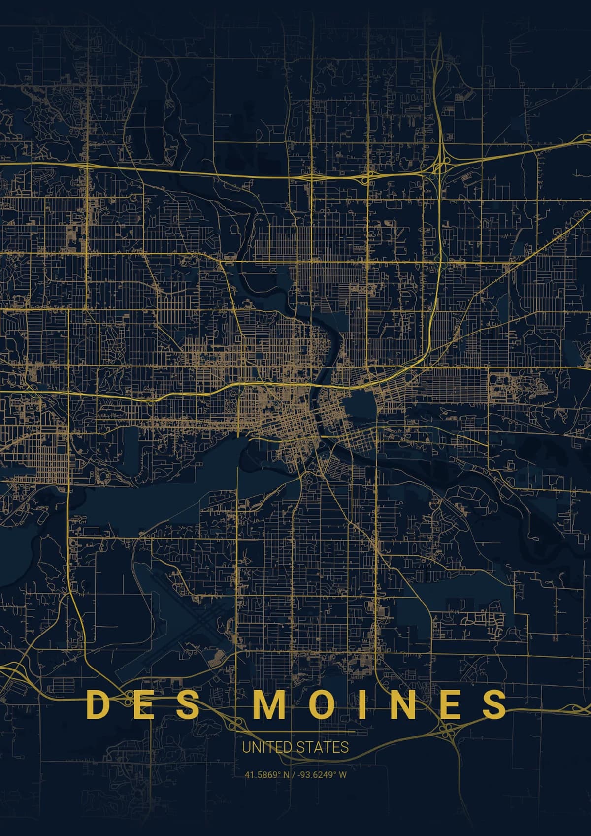 Des Moines Map Poster - Midnight Blue Style | City Prints Des Moines Map Poster - Midnight Blue Style