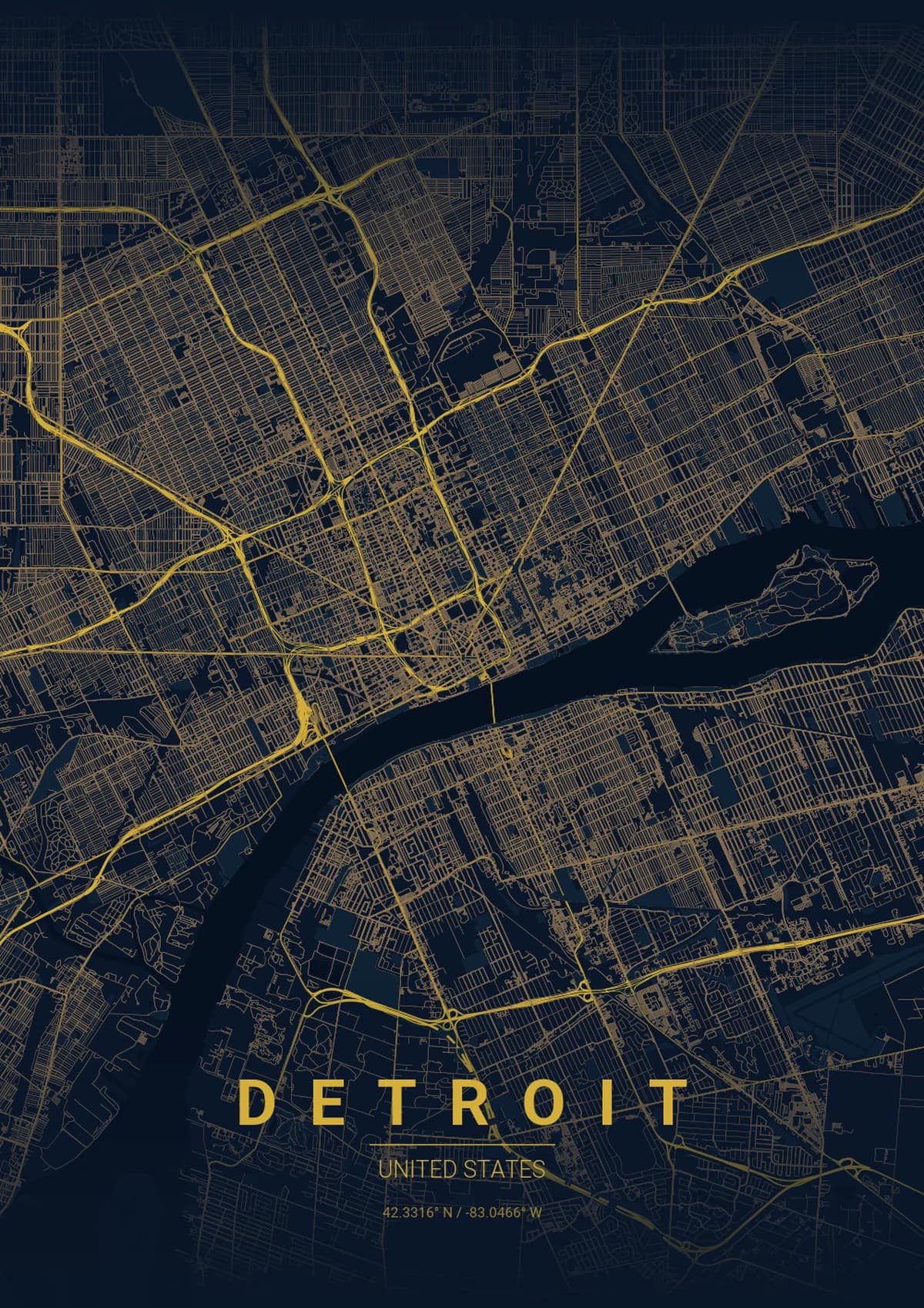 Detroit Map Poster - Midnight Blue Style | City Prints Detroit Map Poster - Midnight Blue Style