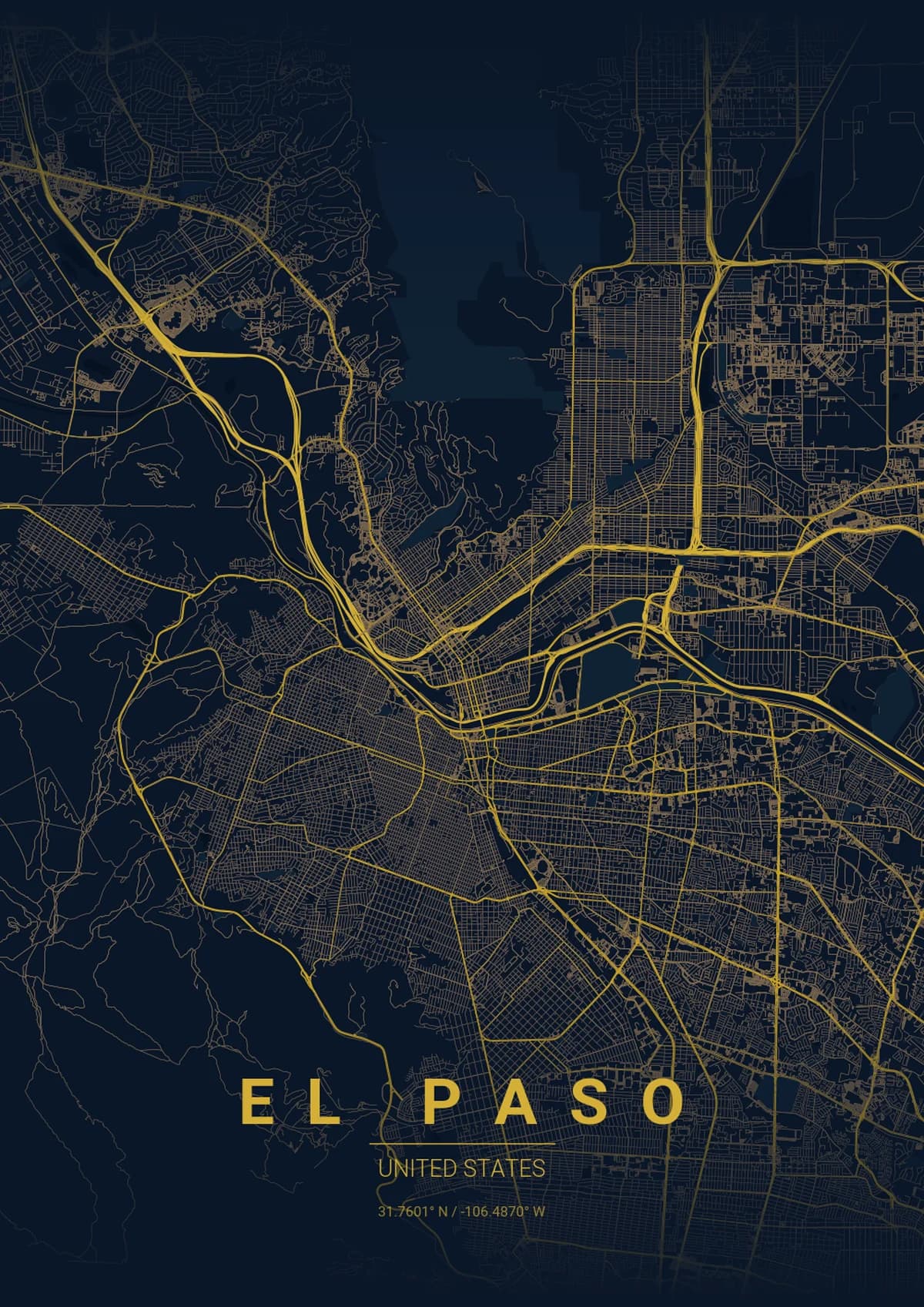 El Paso Map Poster - Midnight Blue Style | City Prints El Paso Map Poster - Midnight Blue Style