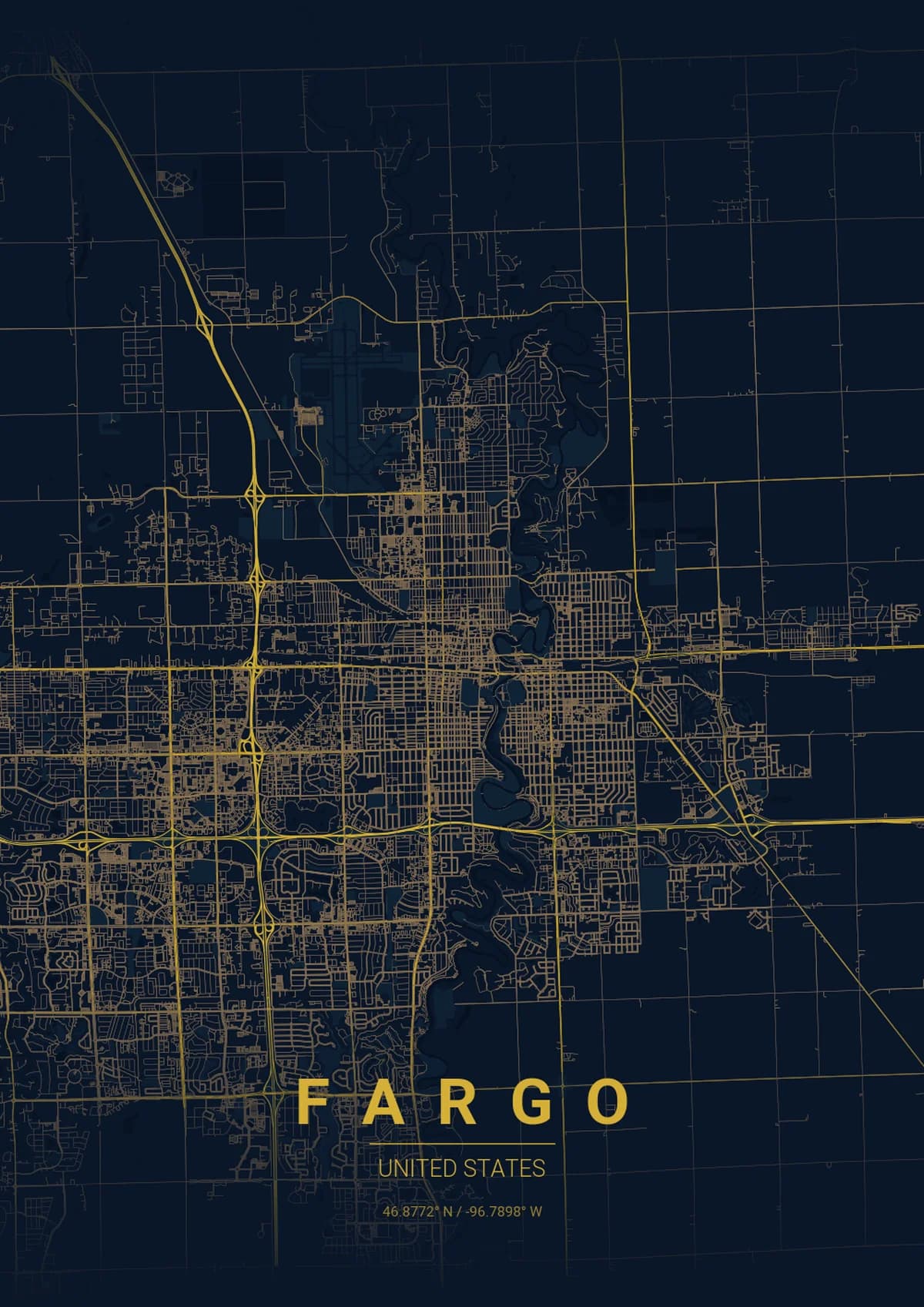 Fargo Map Poster - Midnight Blue Style | City Prints Fargo Map Poster - Midnight Blue Style