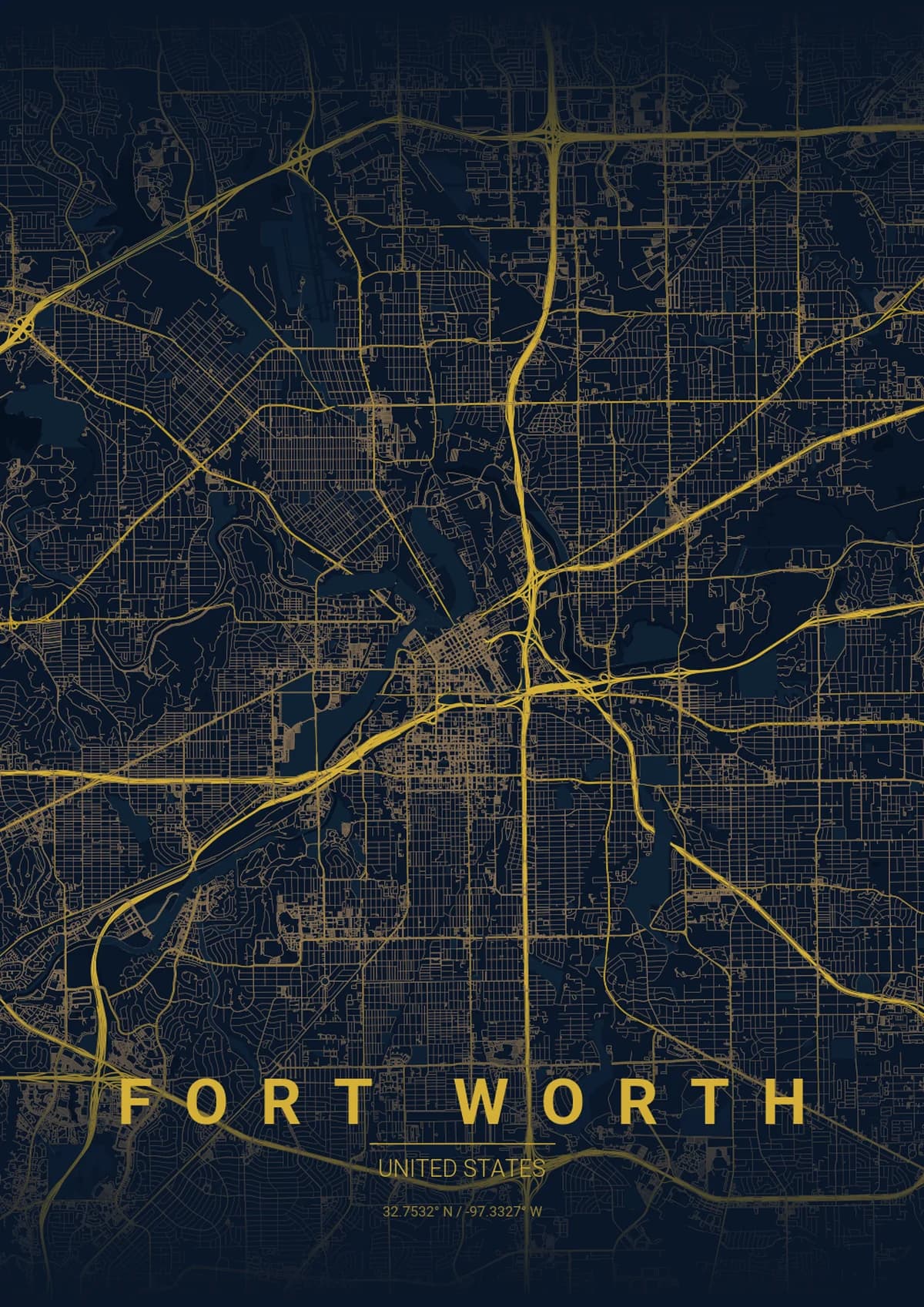 Fort Worth Map Poster - Midnight Blue Style | City Prints Fort Worth Map Poster - Midnight Blue Style