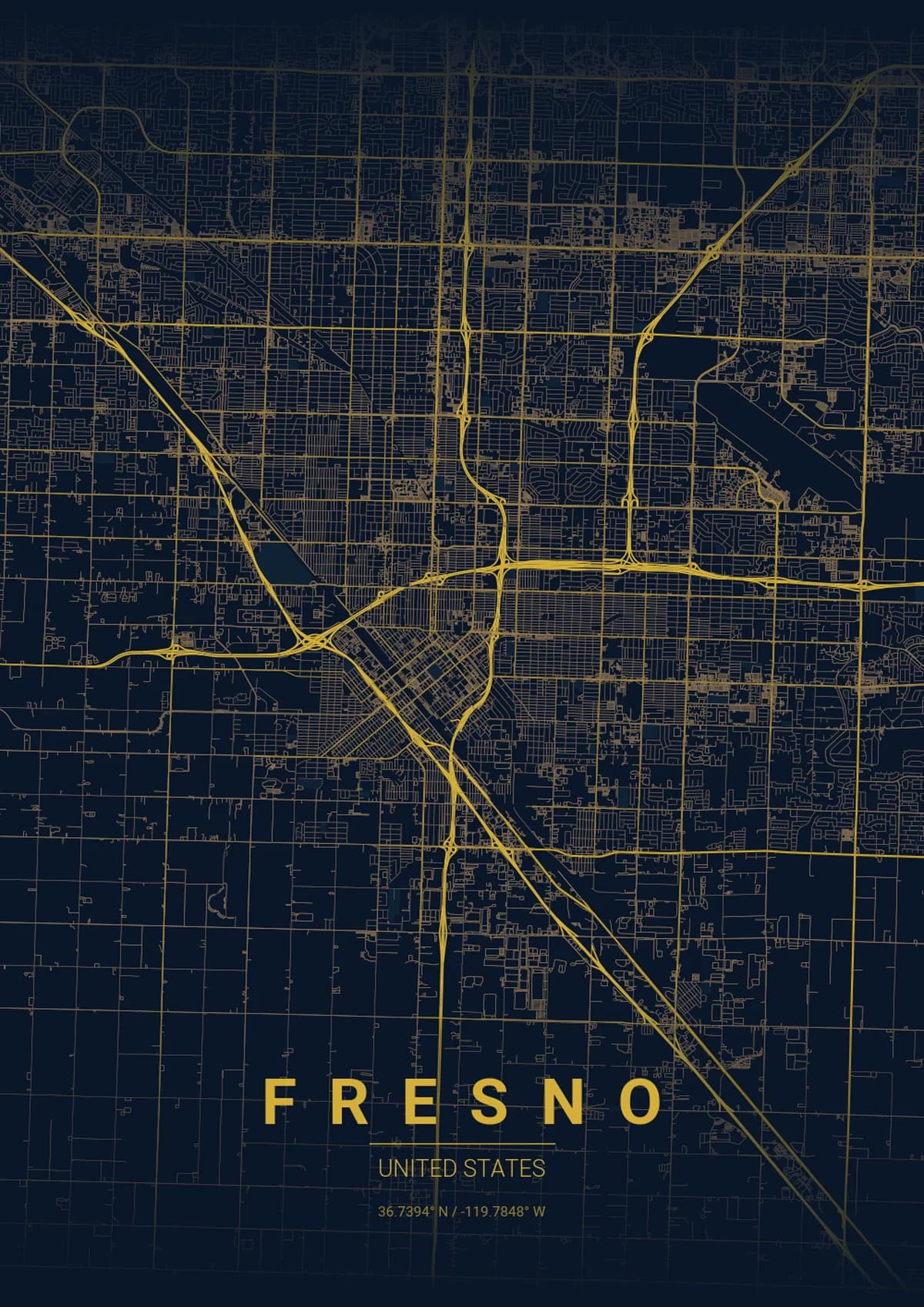 Fresno Map Poster - Midnight Blue Style | City Prints Fresno Map Poster - Midnight Blue Style