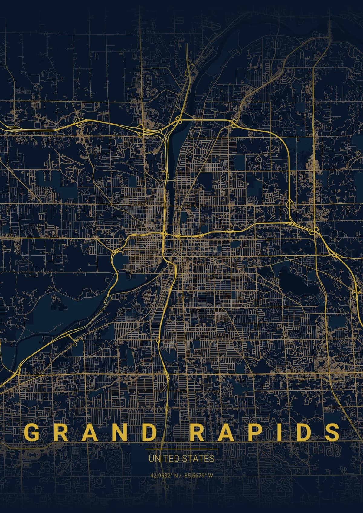 Grand Rapids Map Poster - Midnight Blue Style | City Prints Grand Rapids Map Poster - Midnight Blue Style