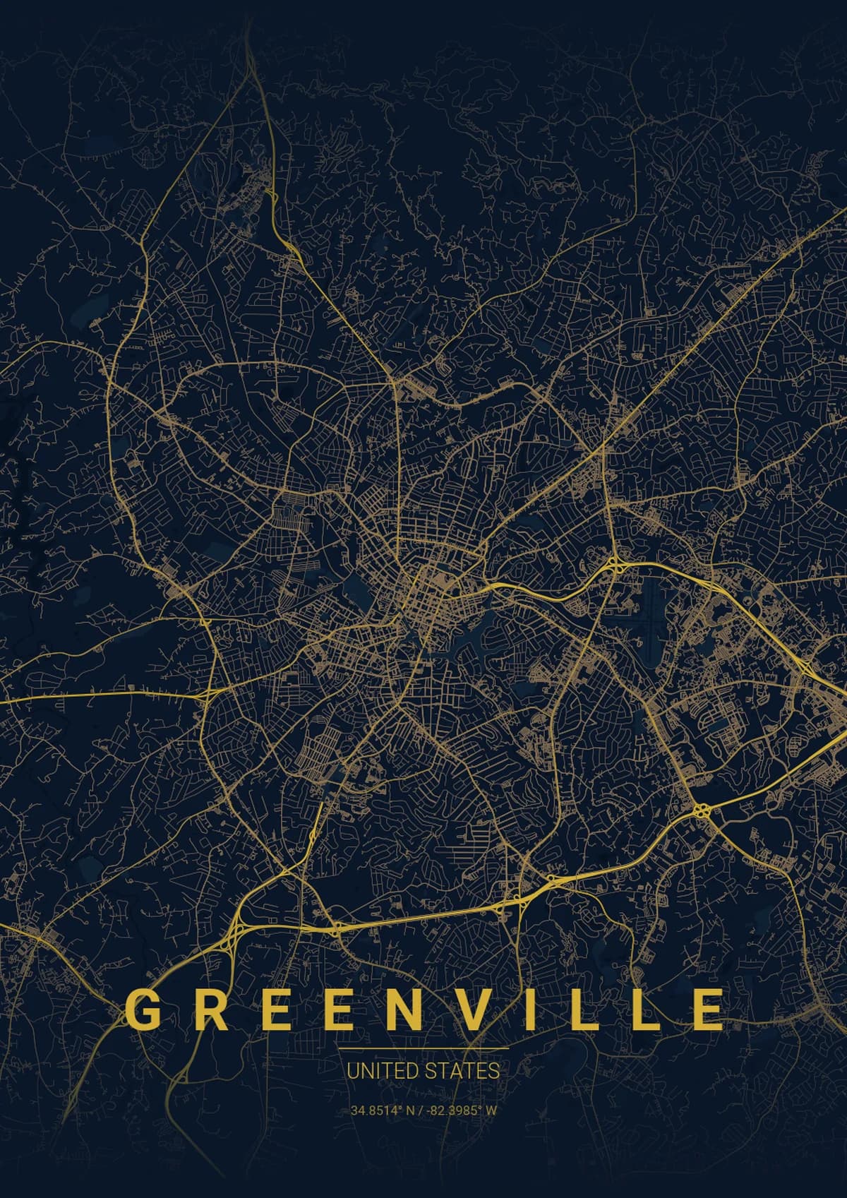 Greenville Map Poster - Midnight Blue Style | City Prints Greenville Map Poster - Midnight Blue Style