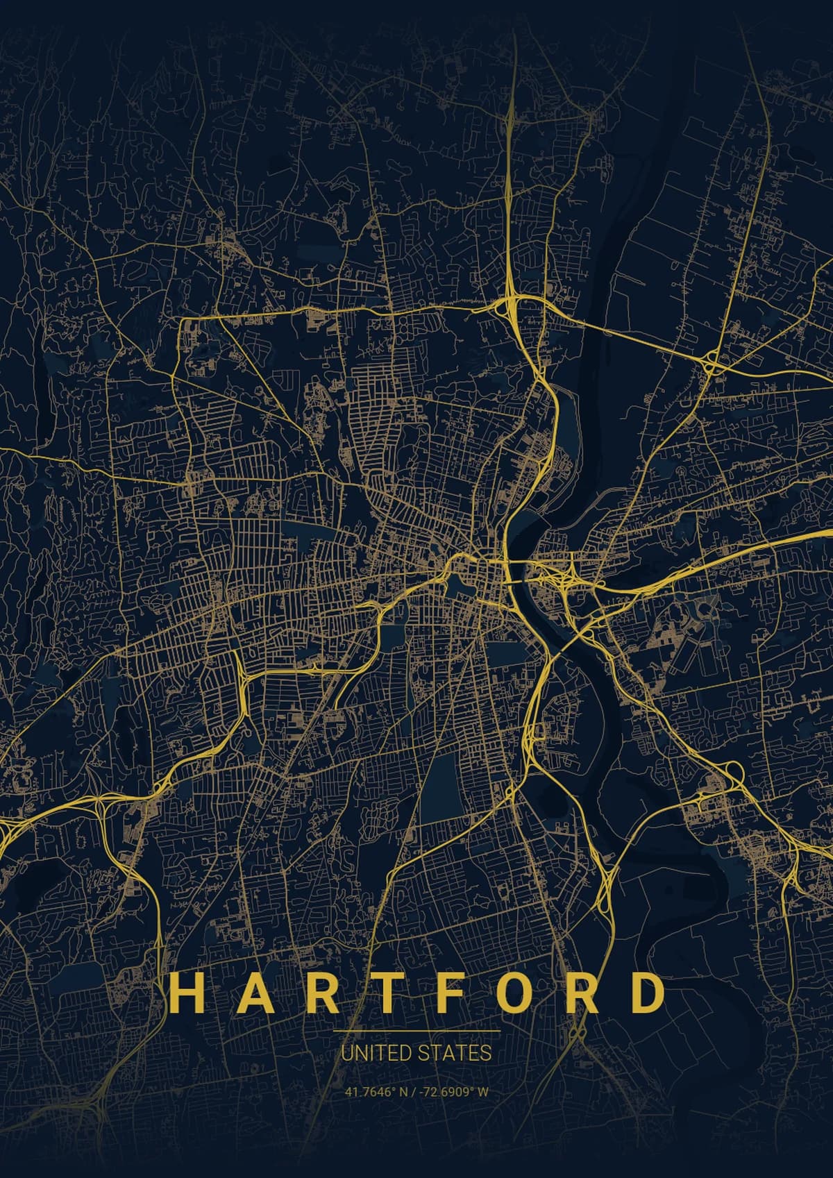 Hartford Map Poster - Midnight Blue Style | City Prints Hartford Map Poster - Midnight Blue Style