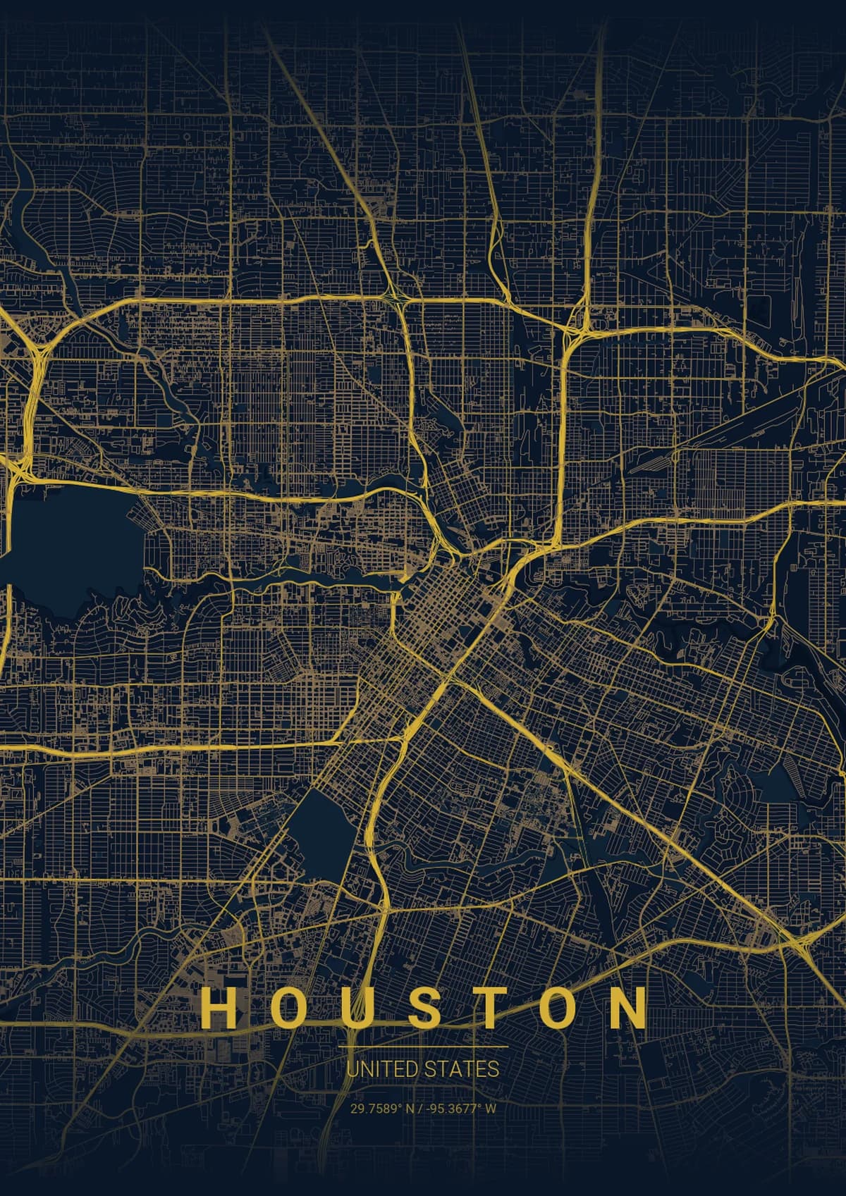 Houston Map Poster - Midnight Blue Style | City Prints Houston Map Poster - Midnight Blue Style