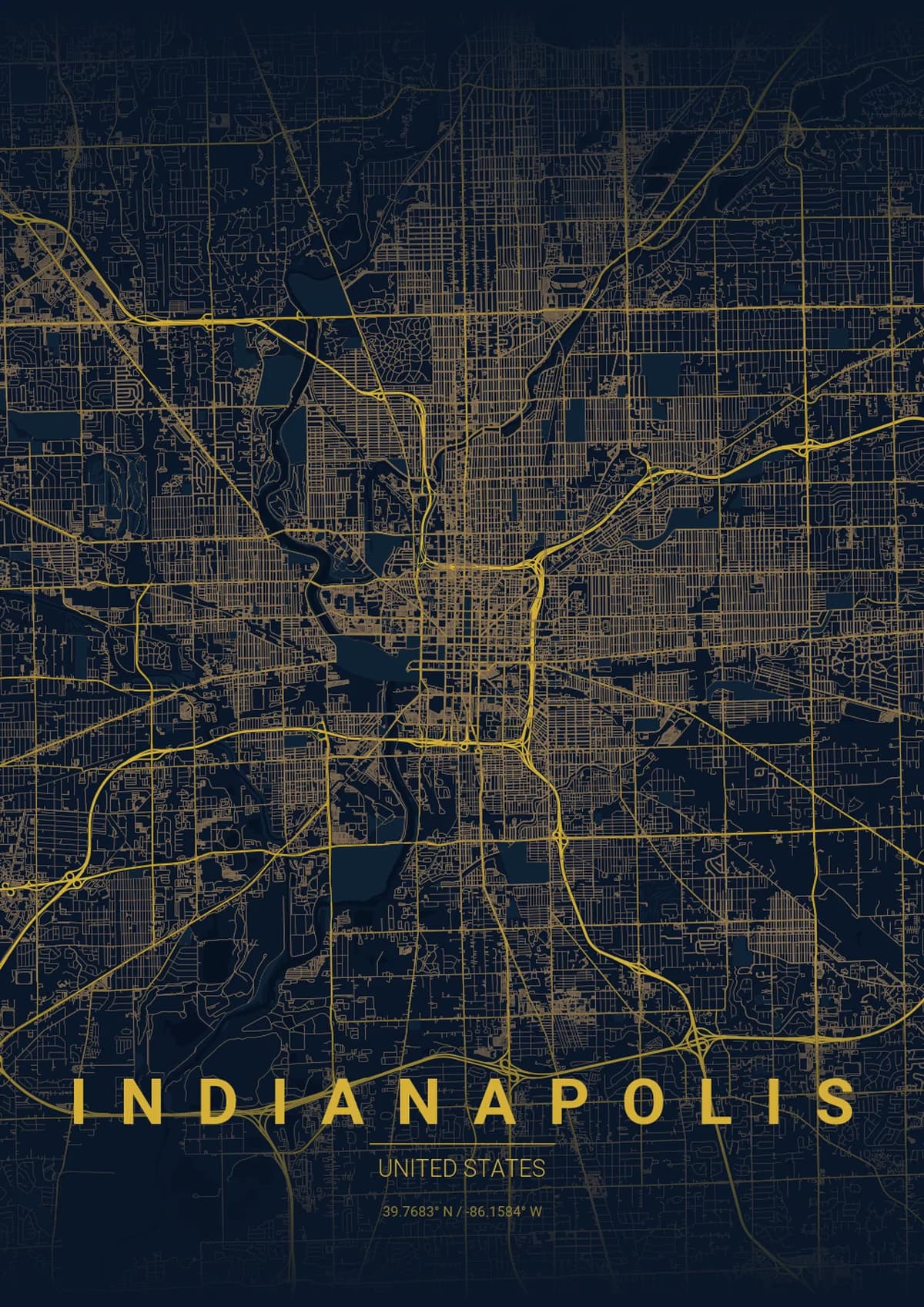 Indianapolis Map Poster - Midnight Blue Style | City Prints Indianapolis Map Poster - Midnight Blue Style