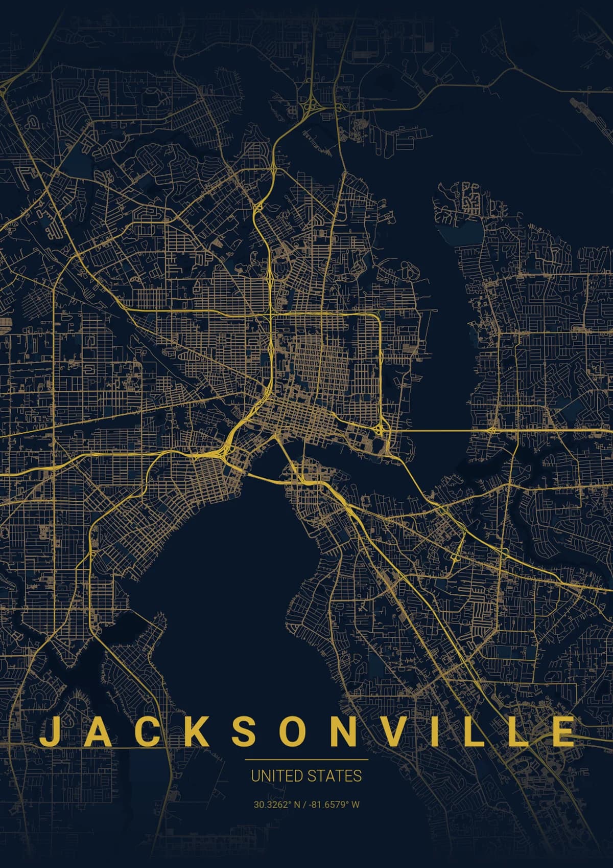 Jacksonville Map Poster - Midnight Blue Style | City Prints Jacksonville Map Poster - Midnight Blue Style