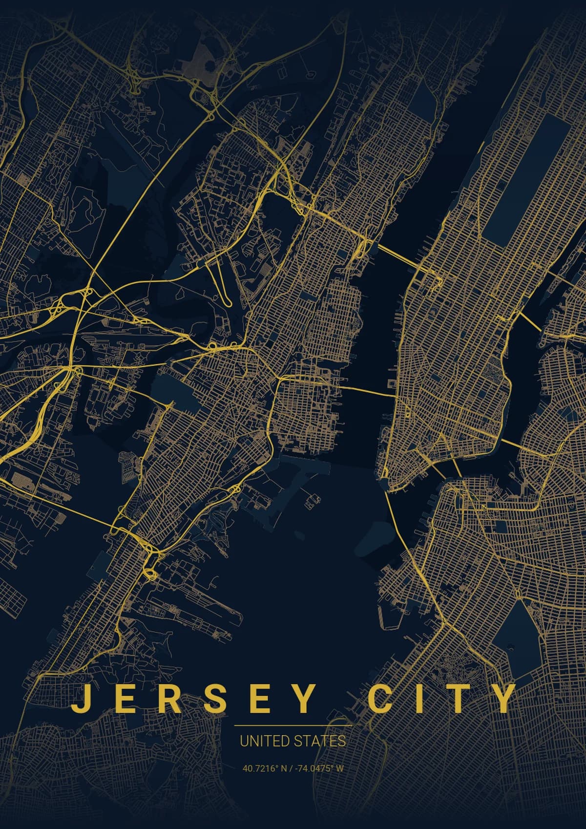 Jersey City Map Poster - Midnight Blue Style | City Prints Jersey City Map Poster - Midnight Blue Style