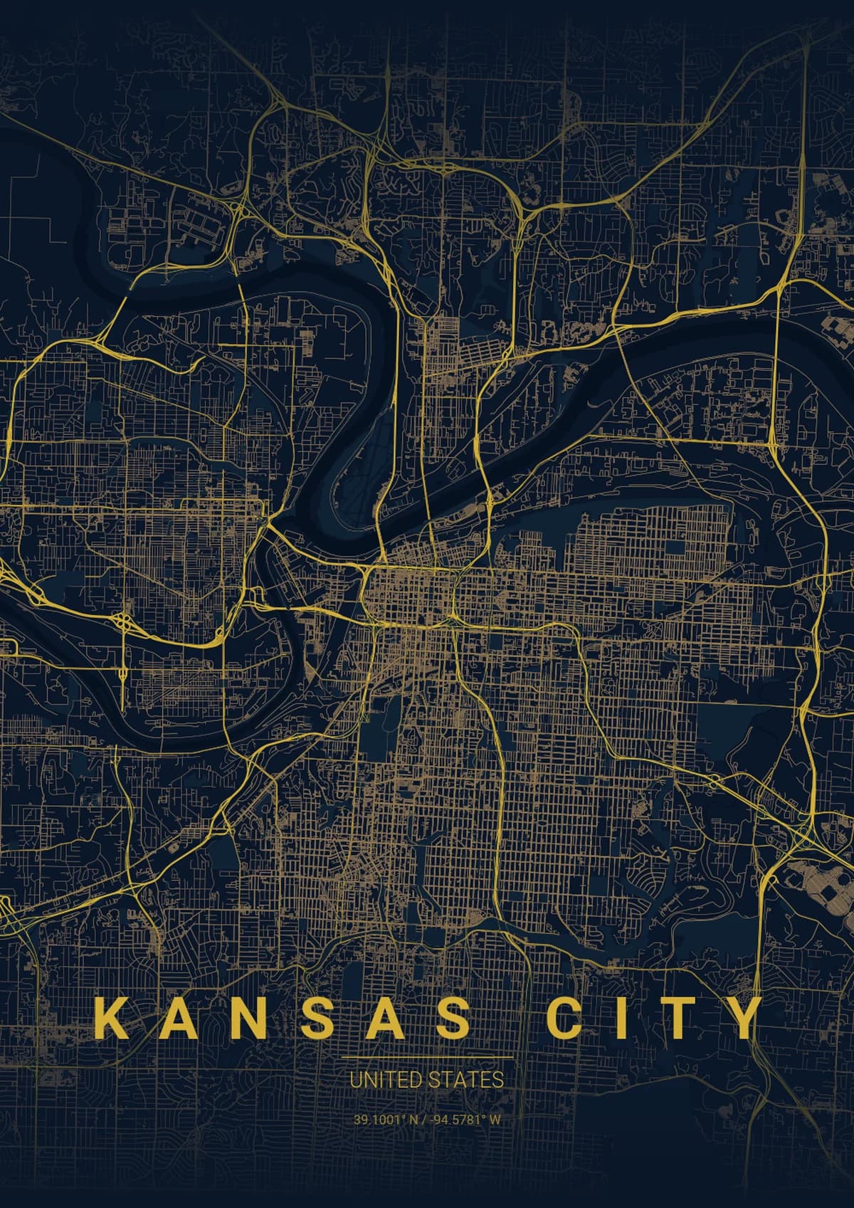 Kansas City Map Poster - Midnight Blue Style | City Prints Kansas City Map Poster - Midnight Blue Style