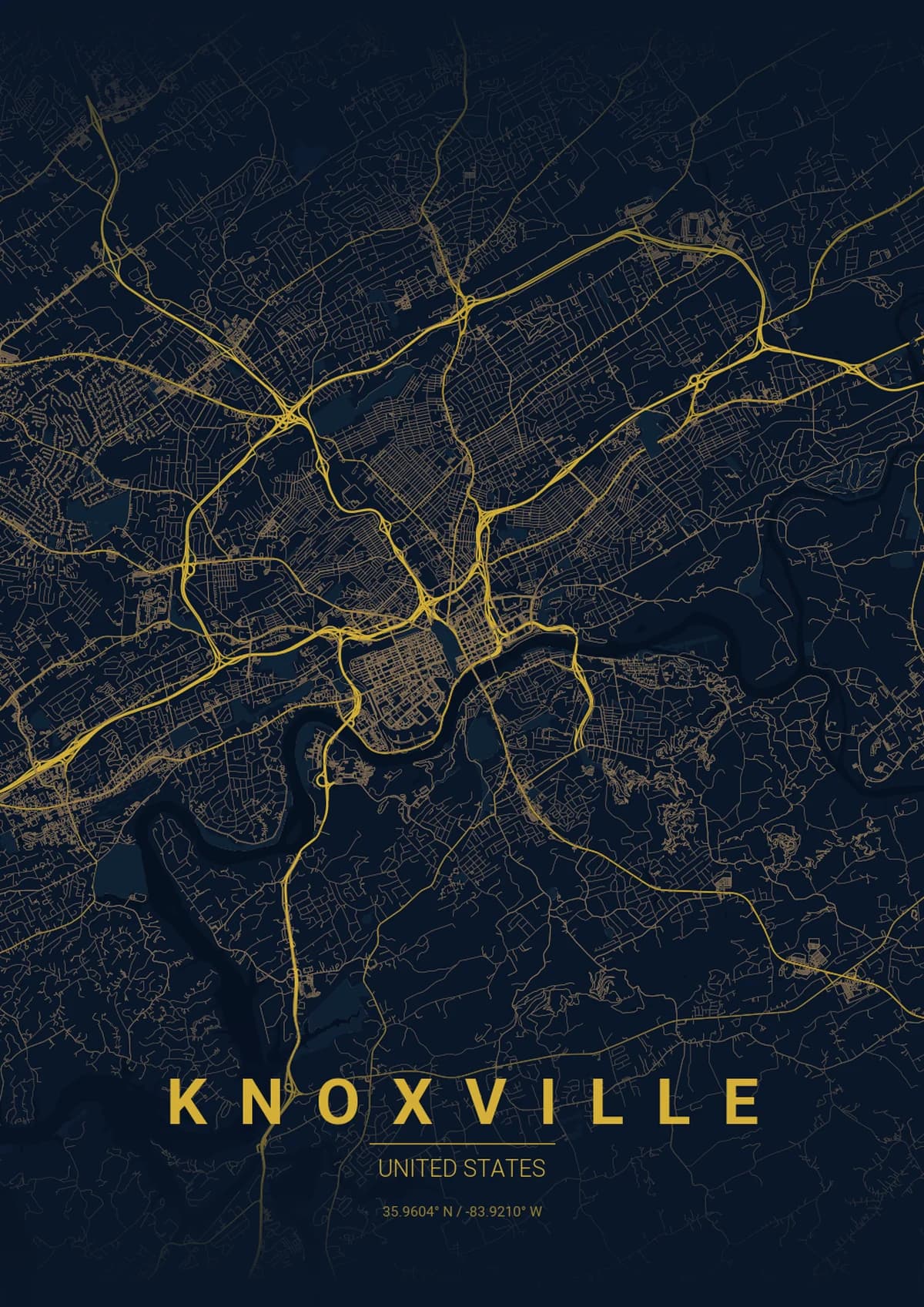 Knoxville Map Poster - Midnight Blue Style | City Prints Knoxville Map Poster - Midnight Blue Style