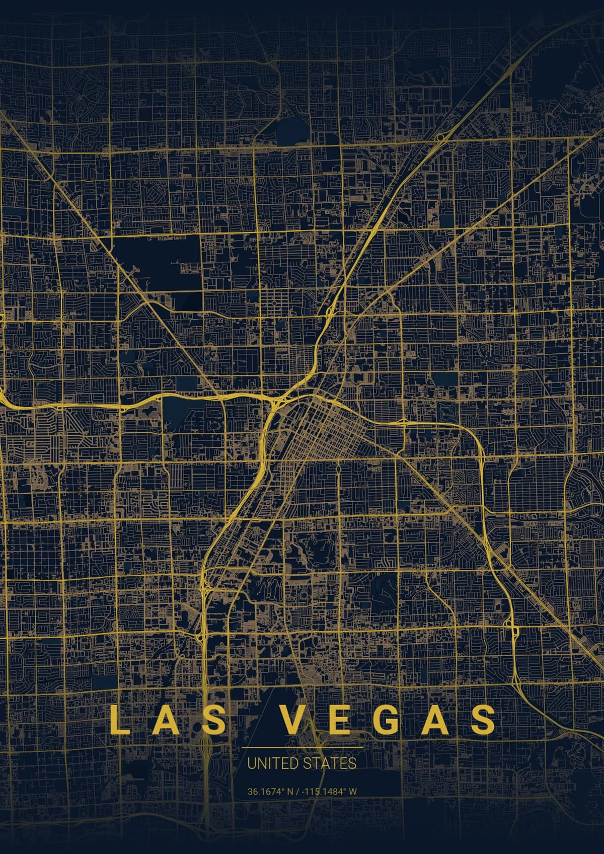 Las Vegas Map Poster - Midnight Blue Style | City Prints Las Vegas Map Poster - Midnight Blue Style