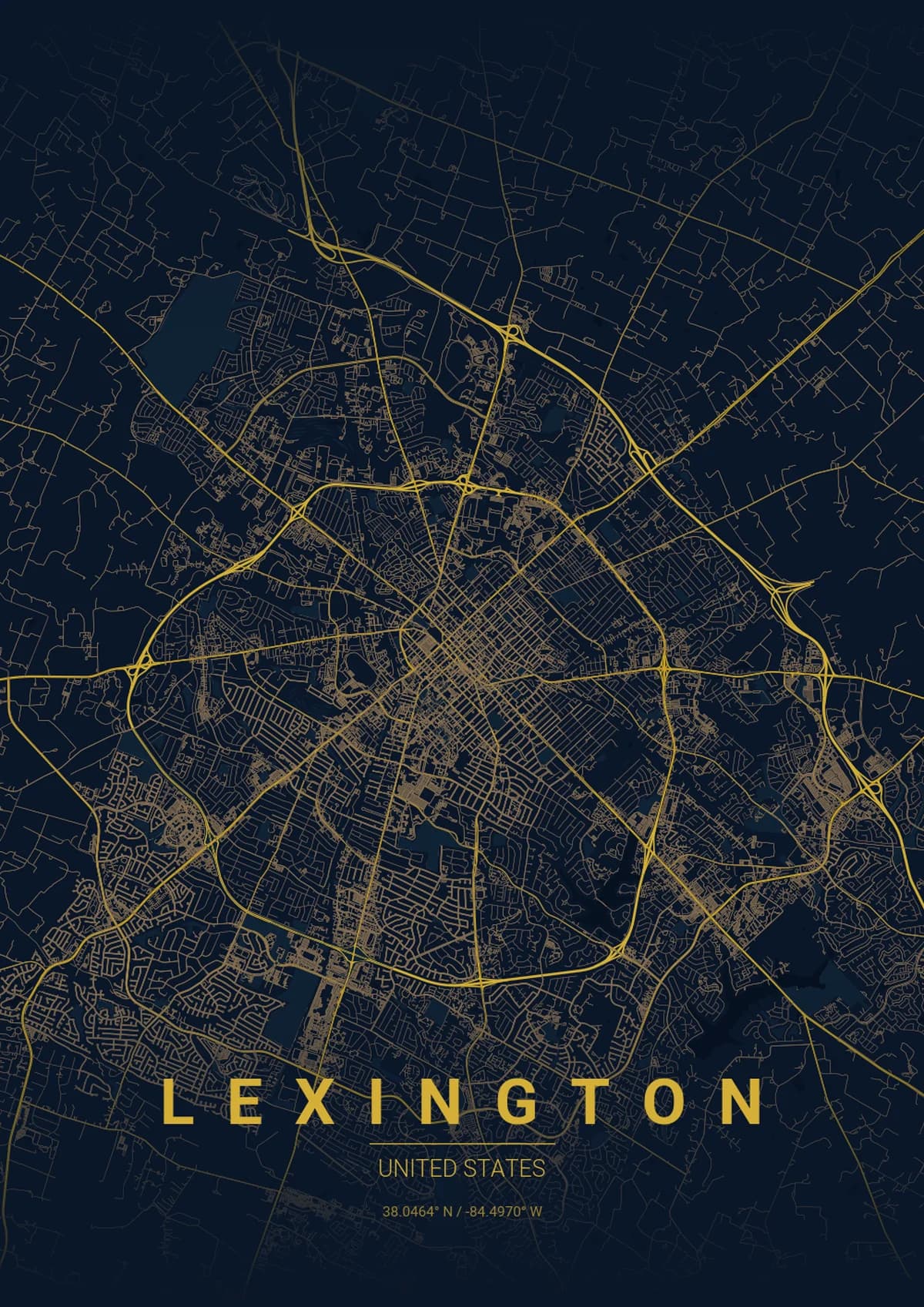 Lexington Map Poster - Midnight Blue Style | City Prints Lexington Map Poster - Midnight Blue Style