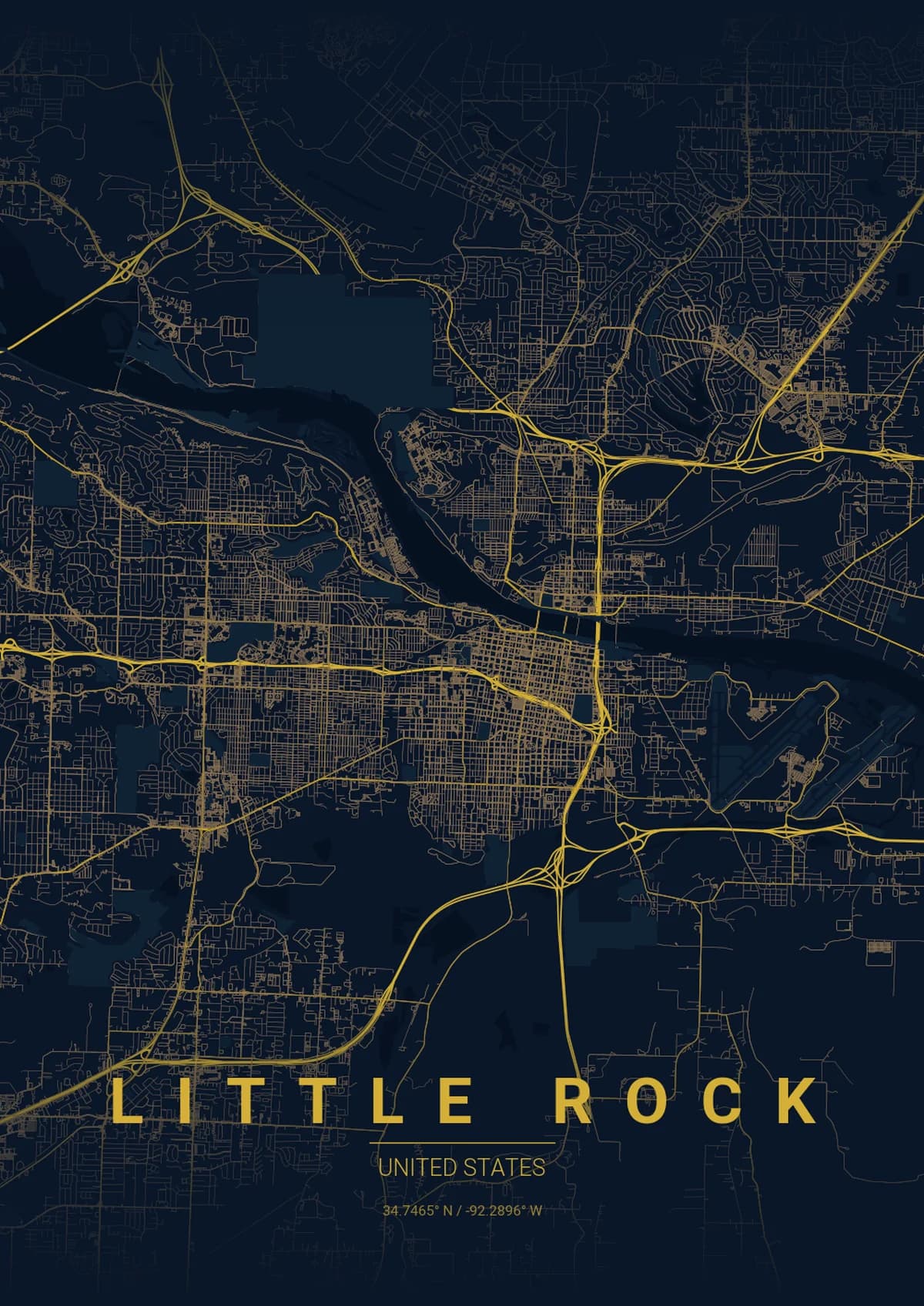 Little Rock Map Poster - Midnight Blue Style | City Prints Little Rock Map Poster - Midnight Blue Style