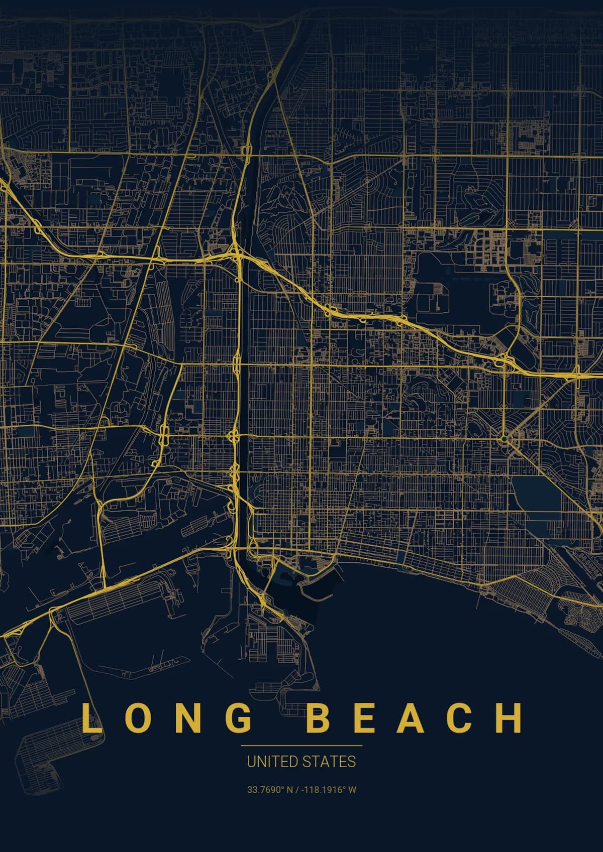 Long Beach Map Poster - Midnight Blue Style | City Prints Long Beach Map Poster - Midnight Blue Style
