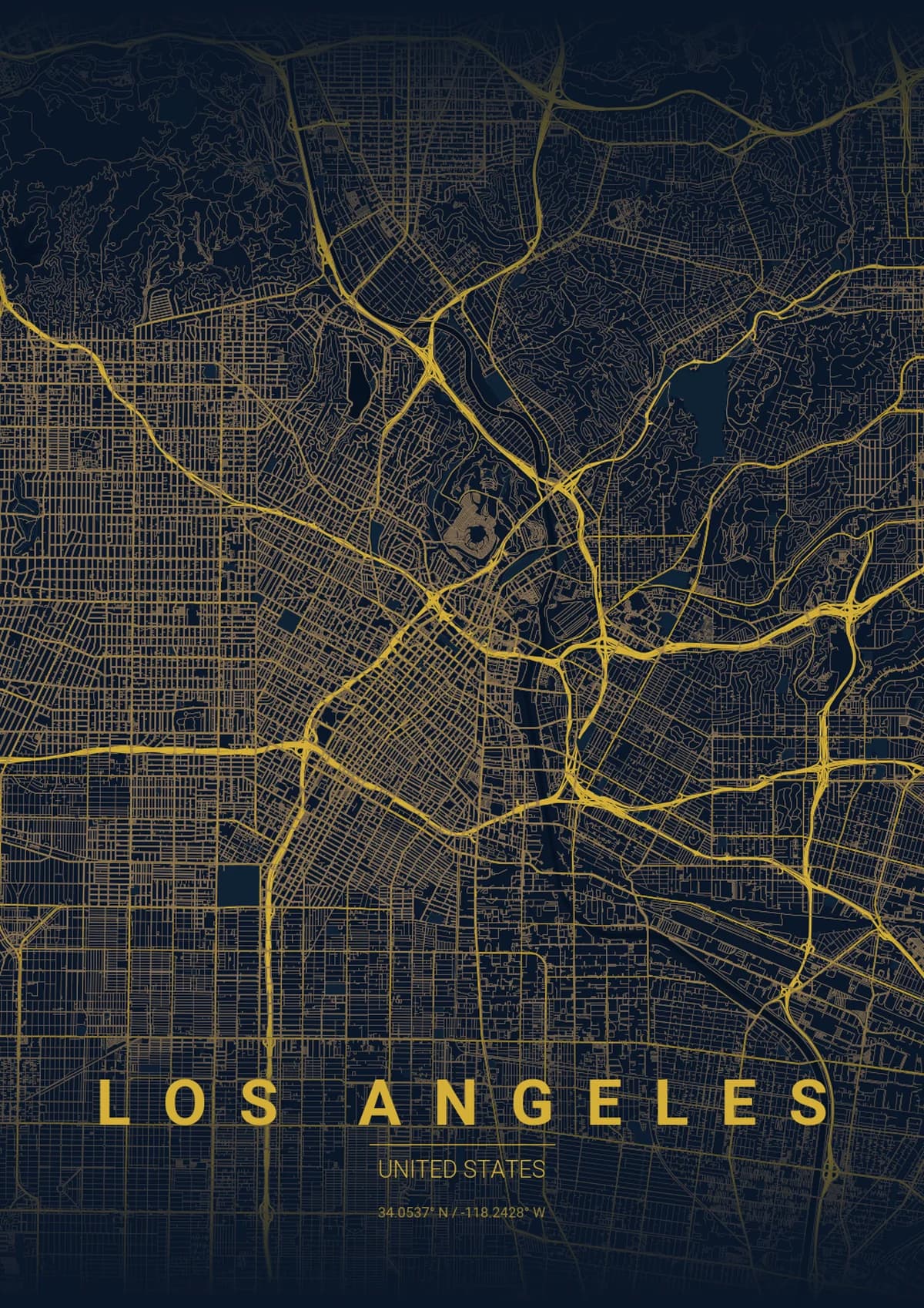 Los Angeles Map Poster - Midnight Blue Style | City Prints Los Angeles Map Poster - Midnight Blue Style