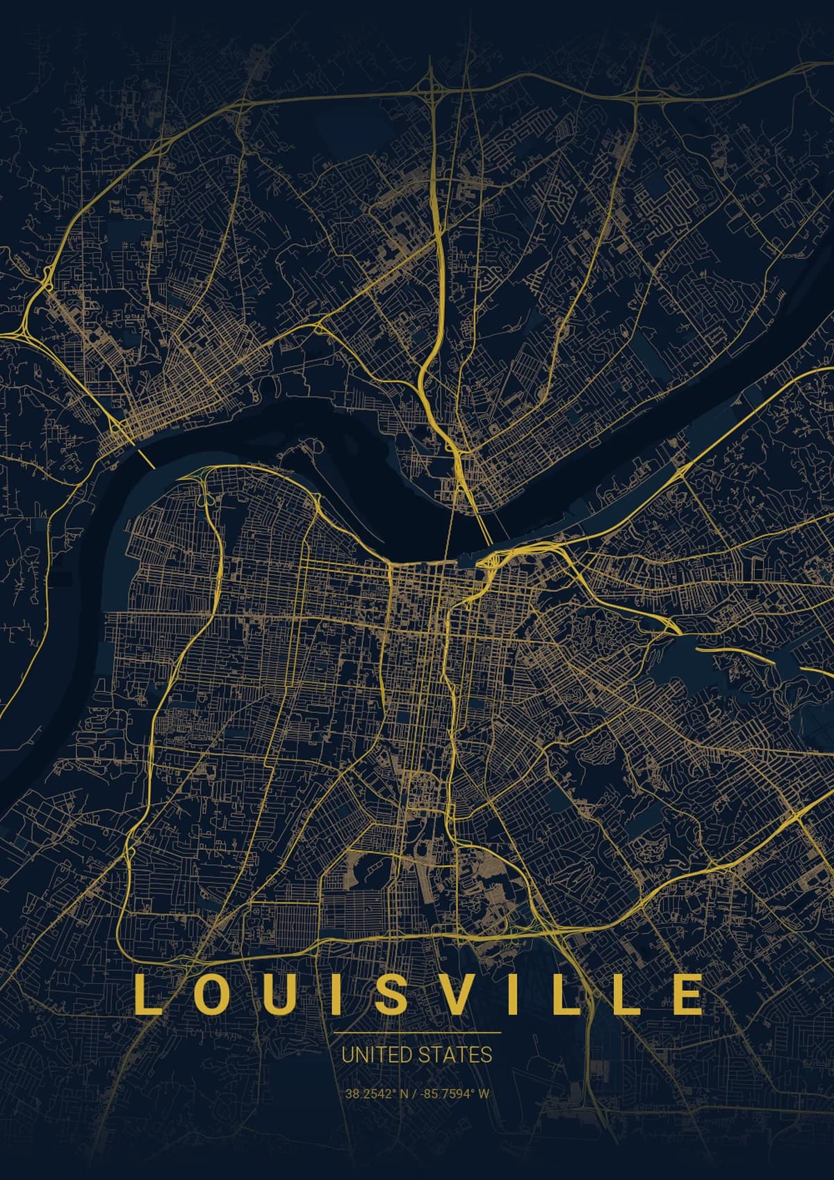 Louisville Map Poster - Midnight Blue Style | City Prints Louisville Map Poster - Midnight Blue Style