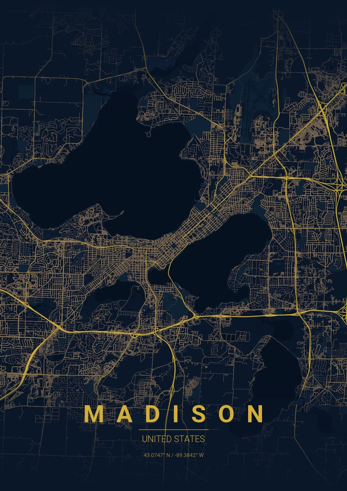 Madison Map Poster - Midnight Blue Style | City Prints Madison Map Poster - Midnight Blue Style