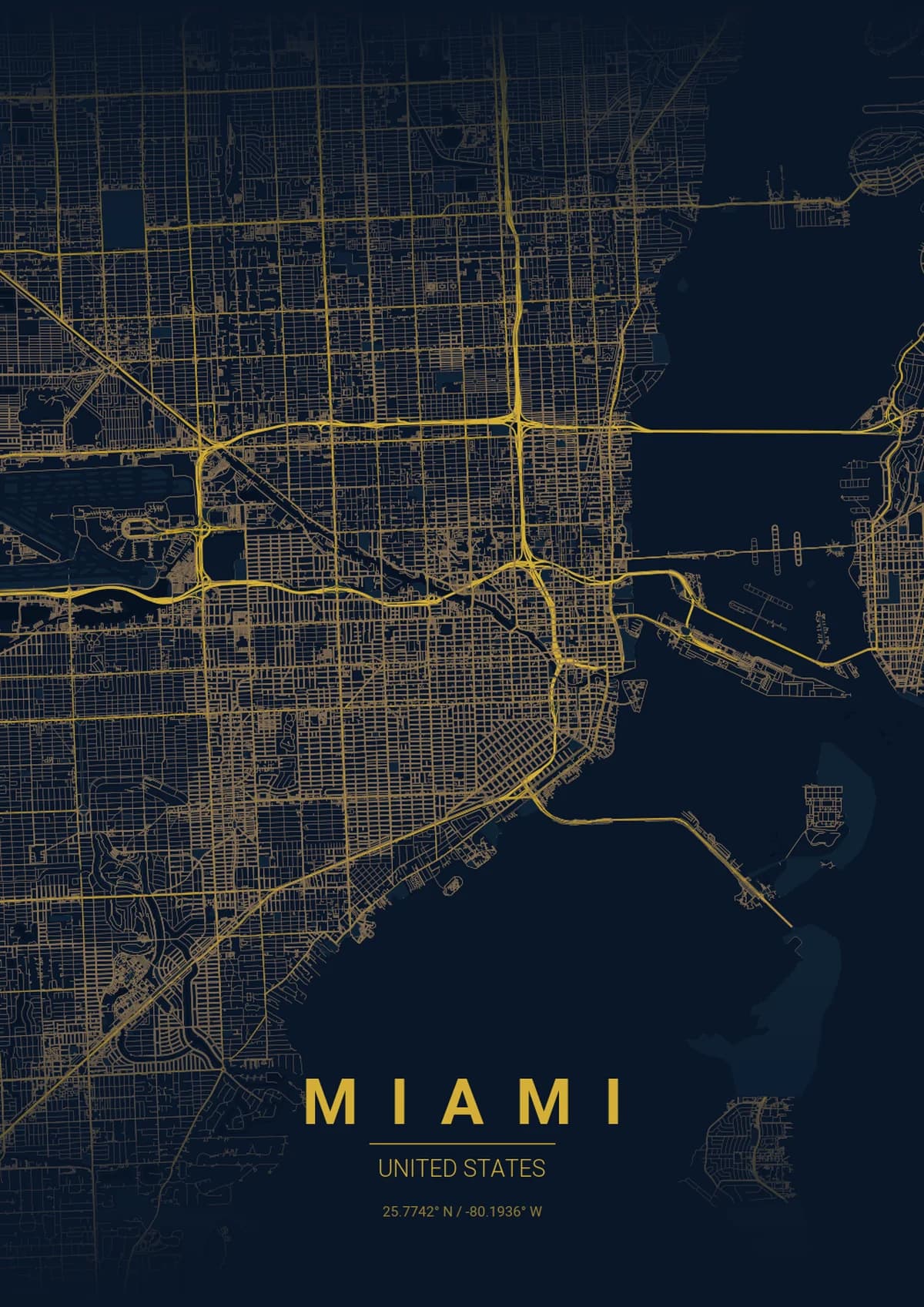 Miami Map Poster - Midnight Blue Style | City Prints Miami Map Poster - Midnight Blue Style