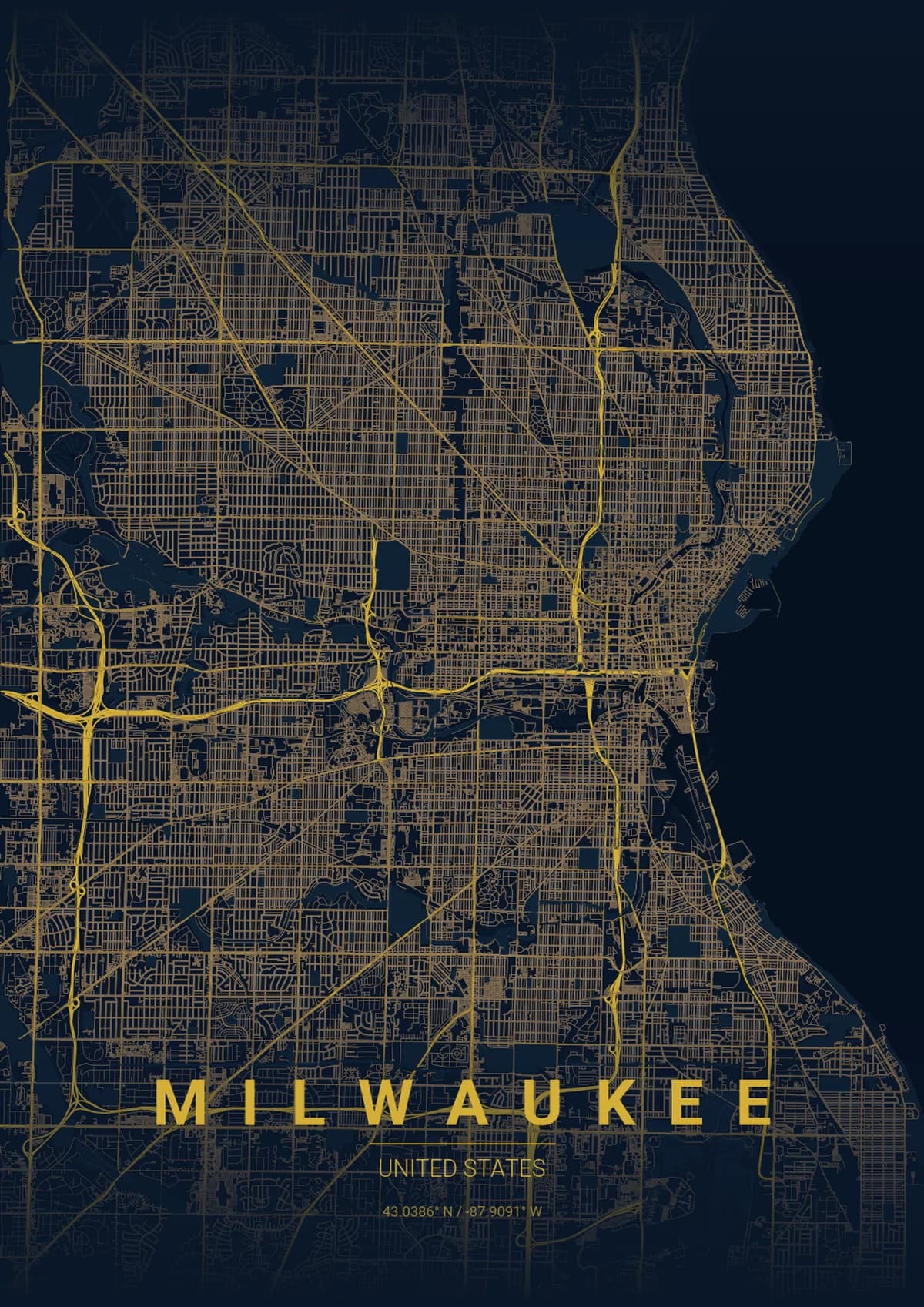 Milwaukee Map Poster - Midnight Blue Style | City Prints Milwaukee Map Poster - Midnight Blue Style