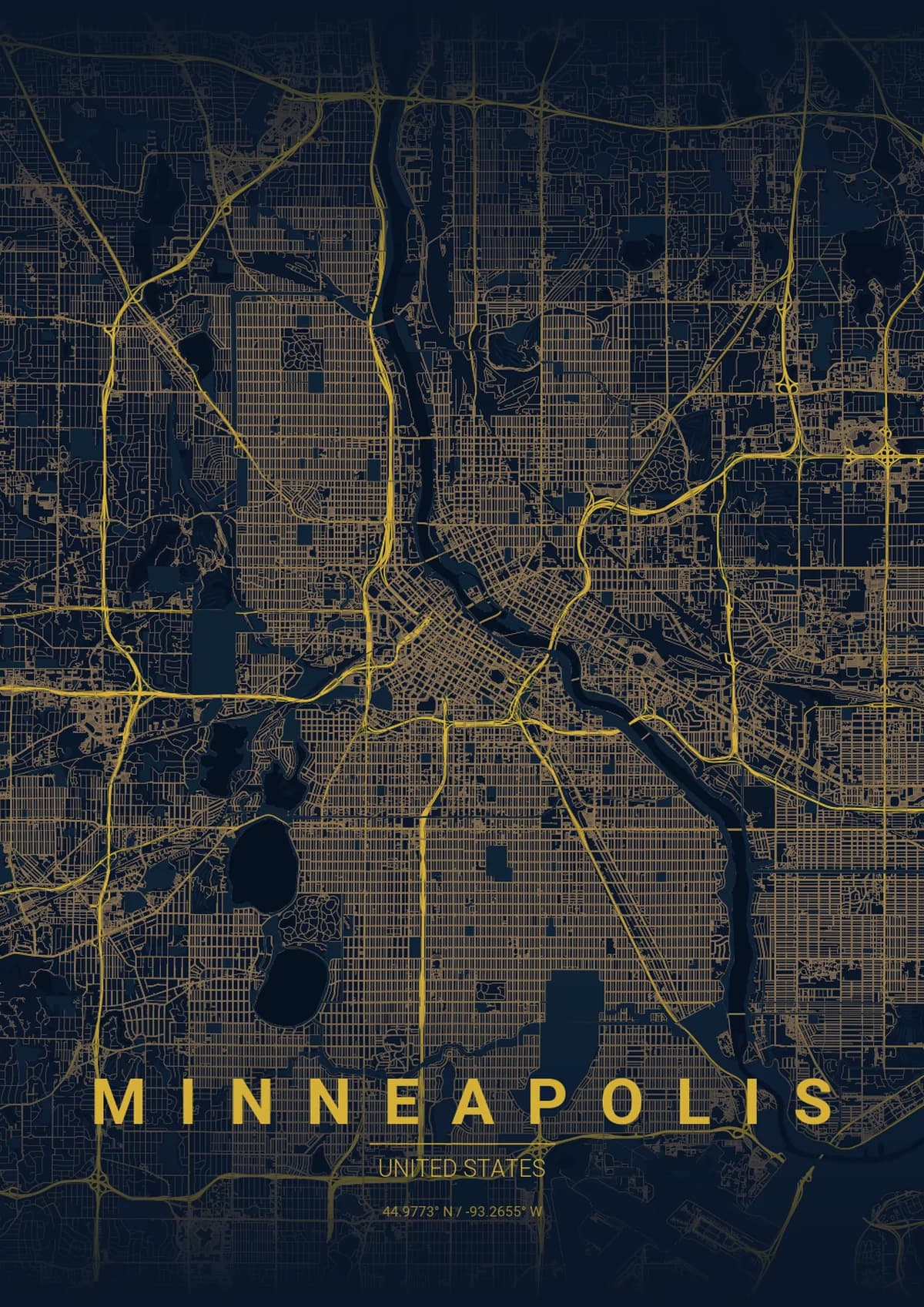Minneapolis Map Poster - Midnight Blue Style | City Prints Minneapolis Map Poster - Midnight Blue Style