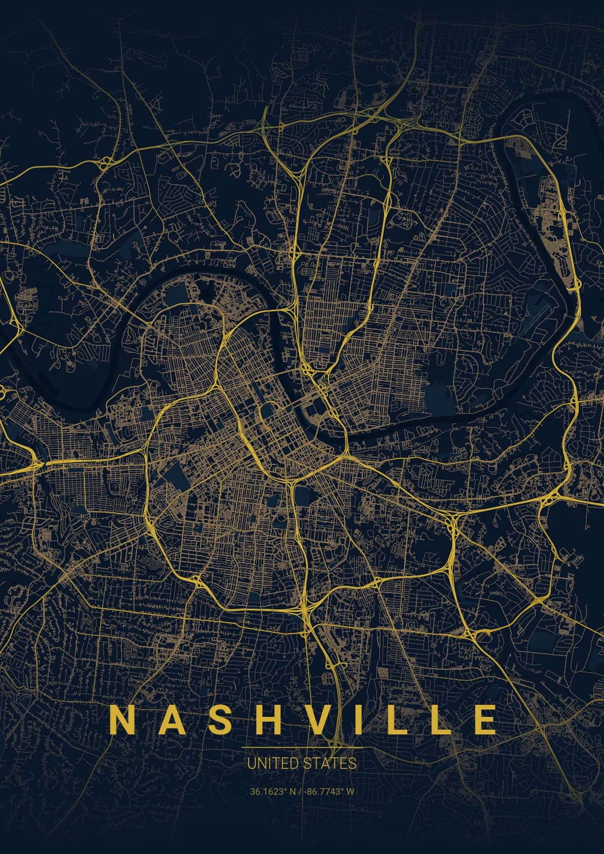 Nashville Map Poster - Midnight Blue Style | City Prints Nashville Map Poster - Midnight Blue Style