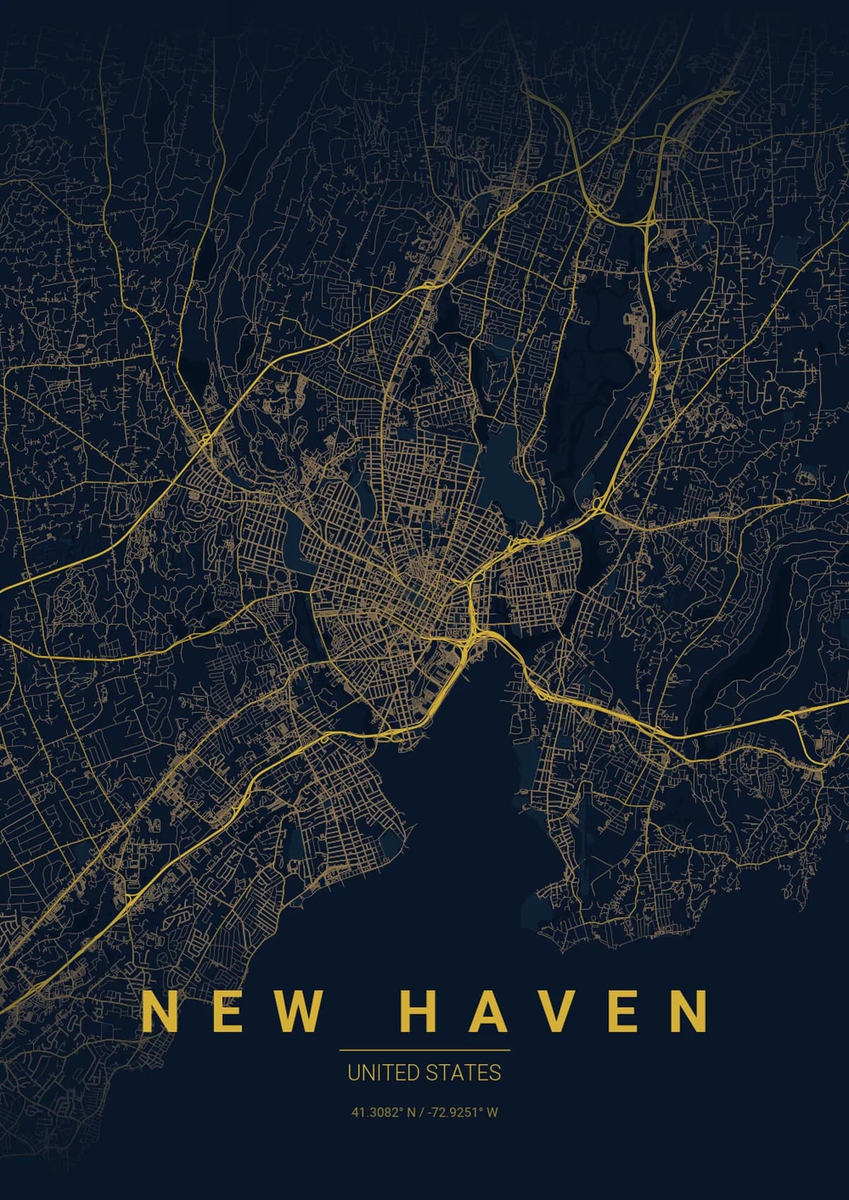 New Haven Map Poster - Midnight Blue Style | City Prints New Haven Map Poster - Midnight Blue Style