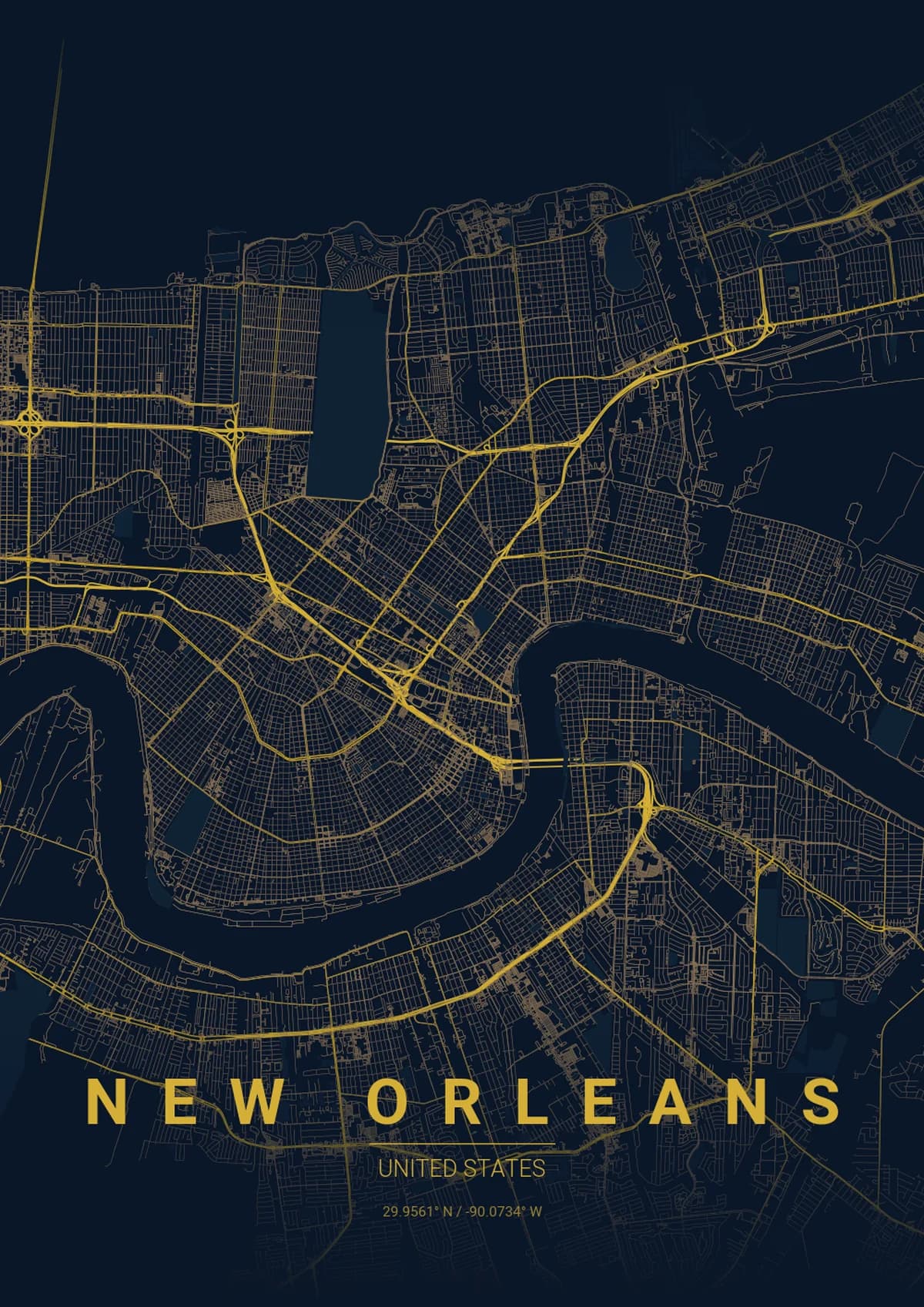 New Orleans Map Poster - Midnight Blue Style | City Prints New Orleans Map Poster - Midnight Blue Style